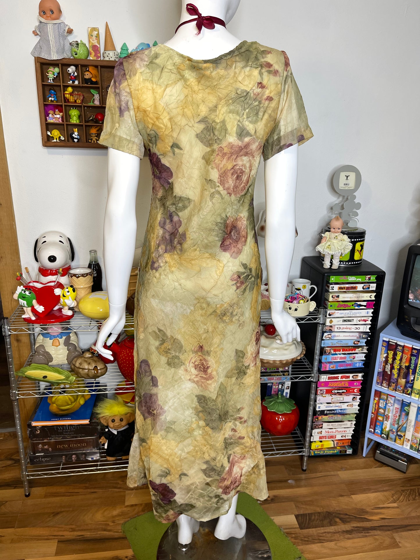 Vintage 90s Earthy Crinkly Sheer Floral Maxi Dress Sz S