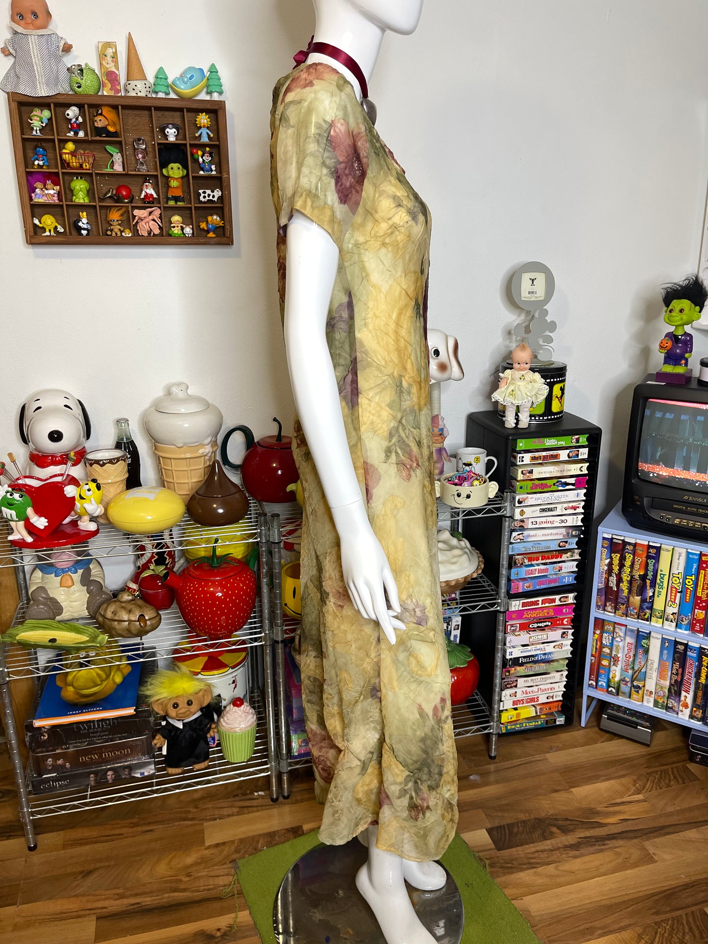 Vintage 90s Earthy Crinkly Sheer Floral Maxi Dress Sz S