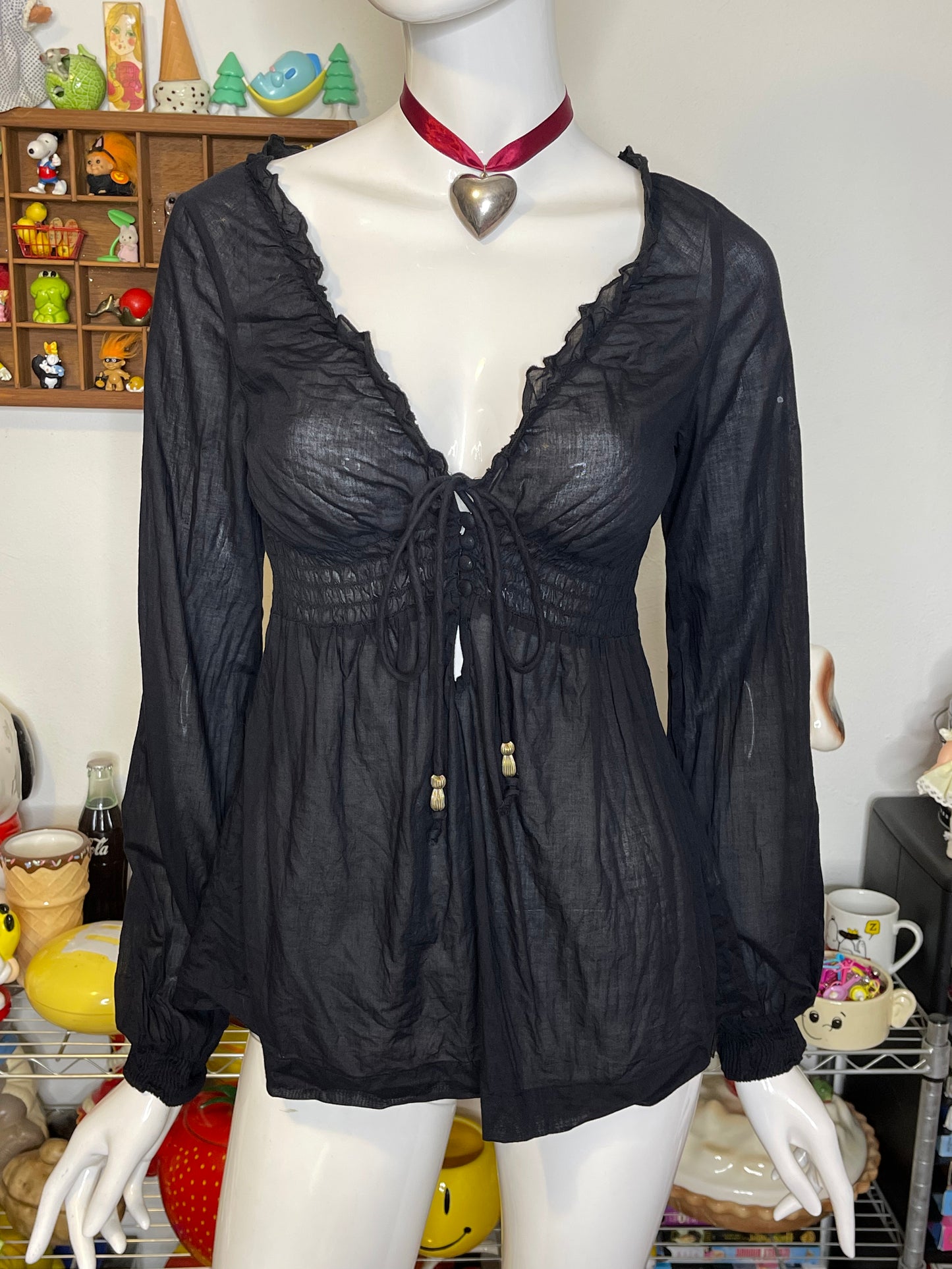 2000s Ruched Sheer Black Guess V-Neck Top Sz XS/S