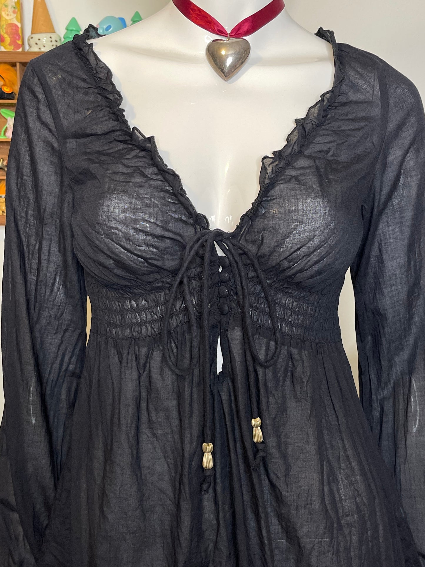 2000s Ruched Sheer Black Guess V-Neck Top Sz XS/S