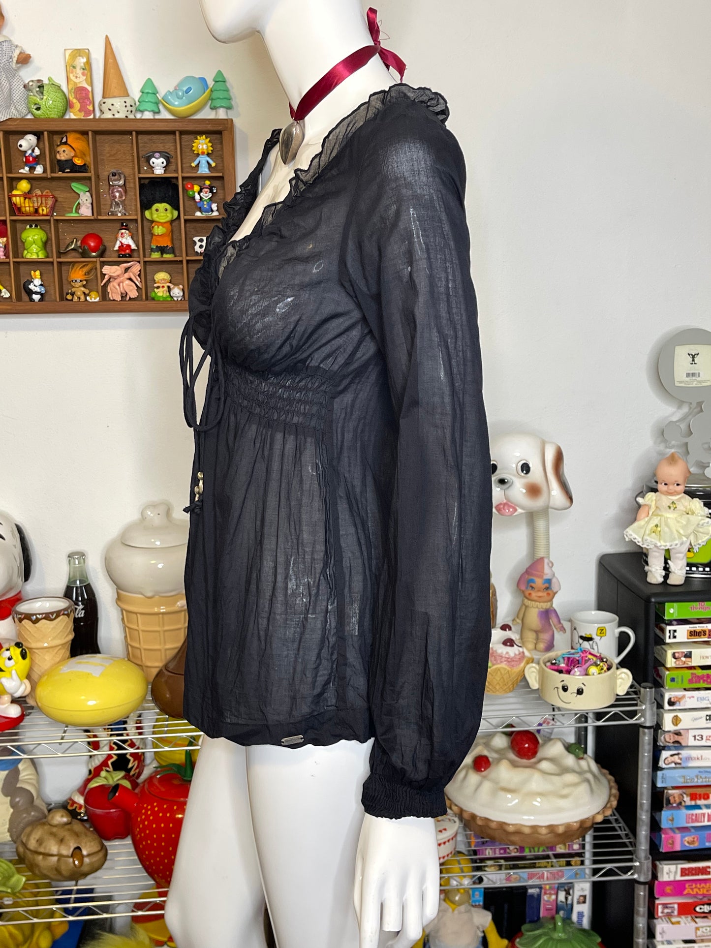 2000s Ruched Sheer Black Guess V-Neck Top Sz XS/S