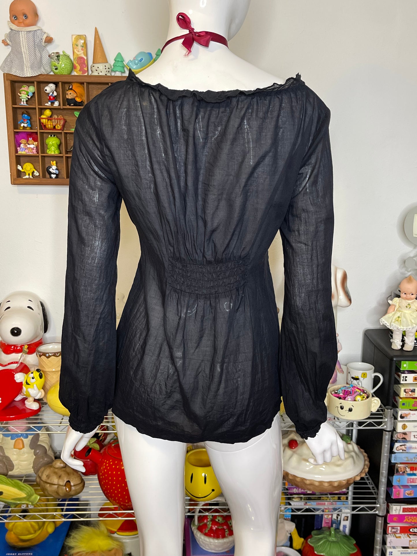2000s Ruched Sheer Black Guess V-Neck Top Sz XS/S
