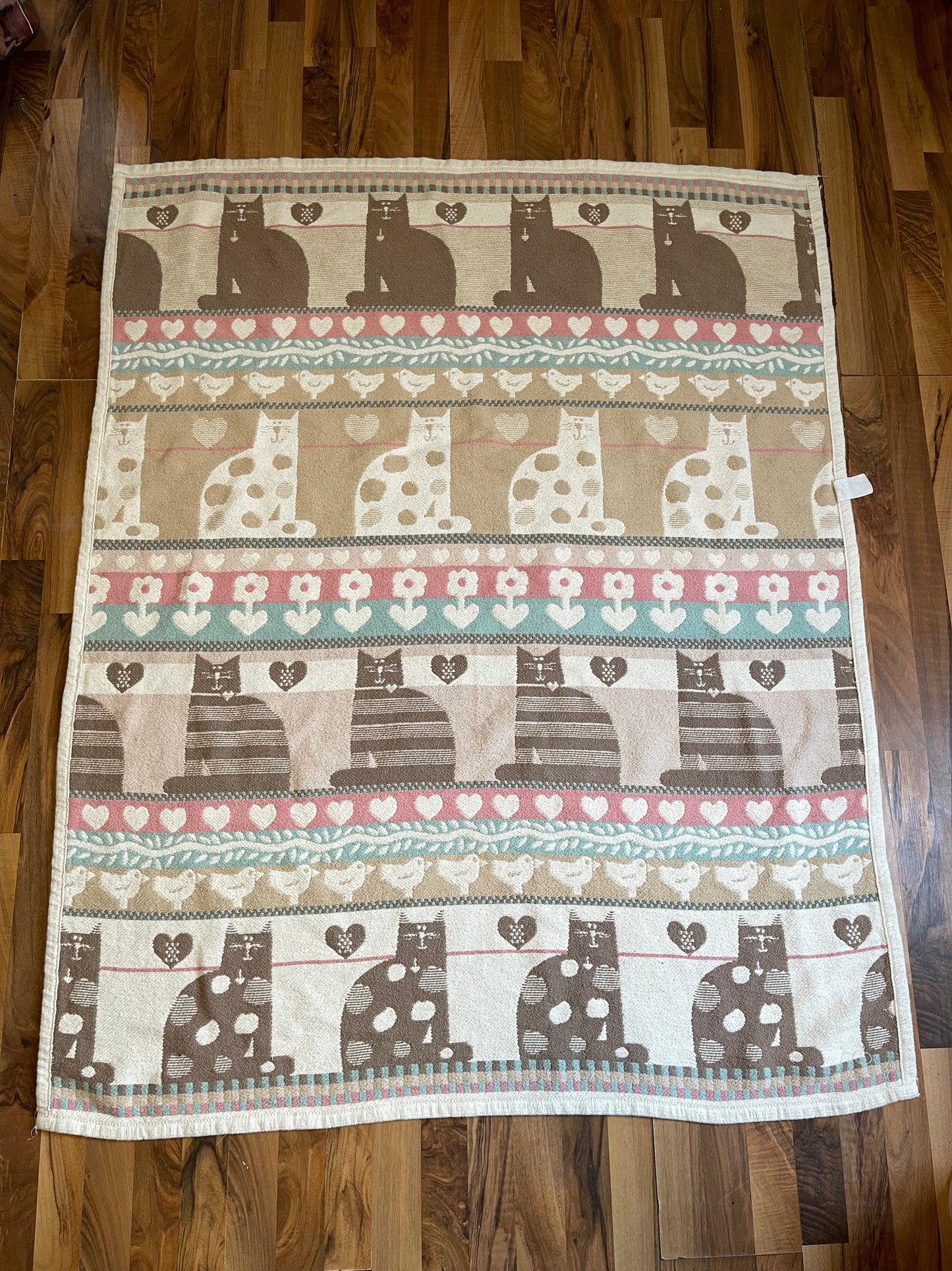 Vintage 80s 90s Cottage Core Cat Knit Throw Blanket