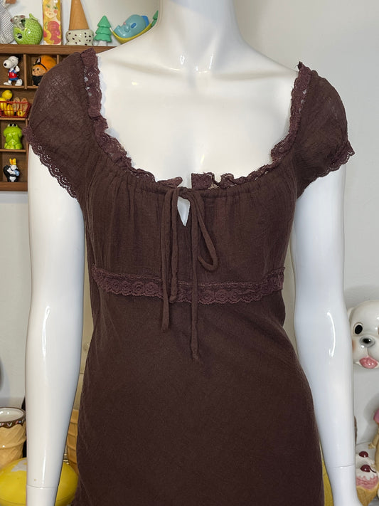 Vintage Brown Fairy Milkmaid Style Midi Dress Sz M