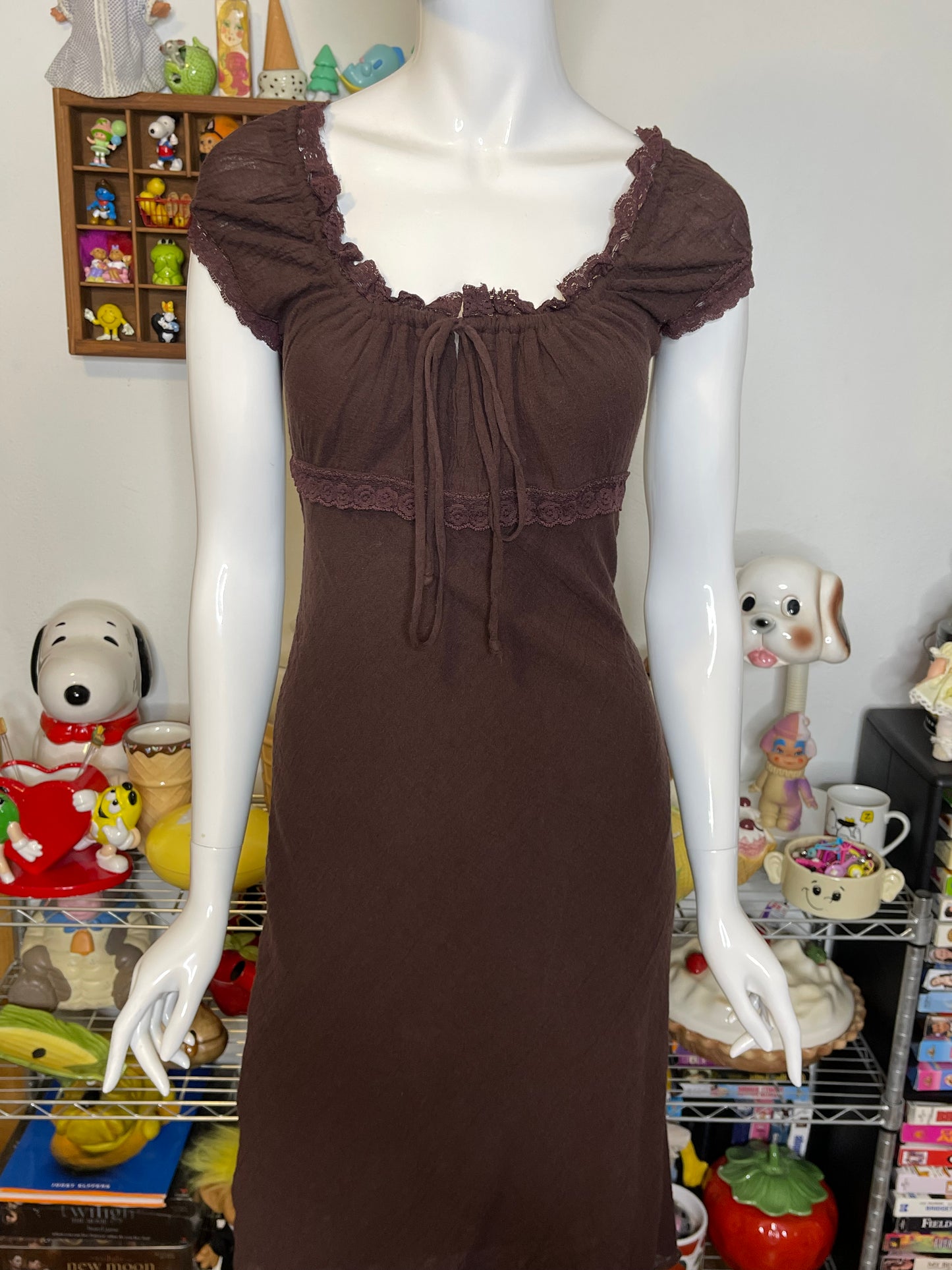 Vintage Brown Fairy Milkmaid Style Midi Dress Sz M