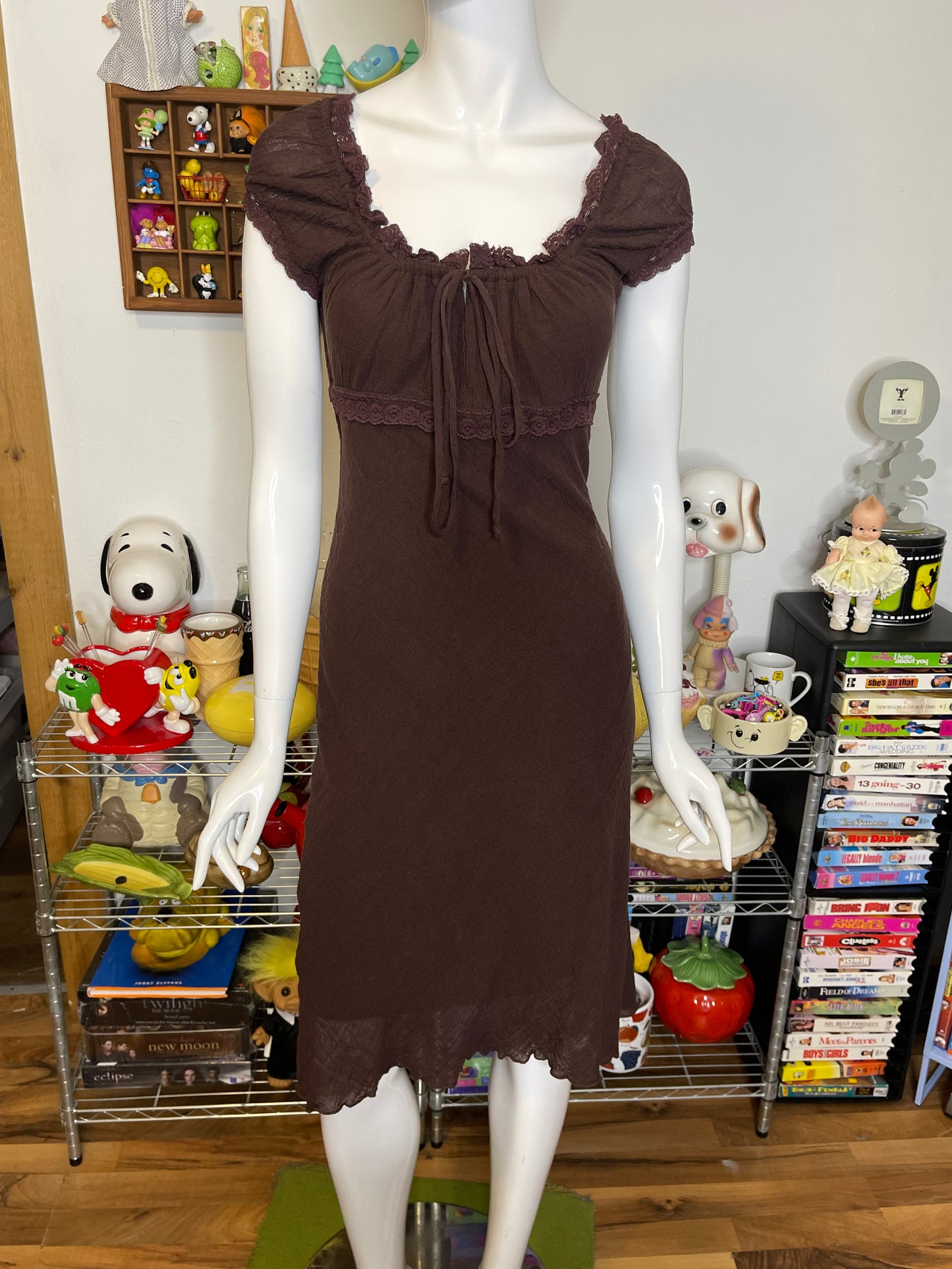 Vintage Brown Fairy Milkmaid Style Midi Dress Sz M