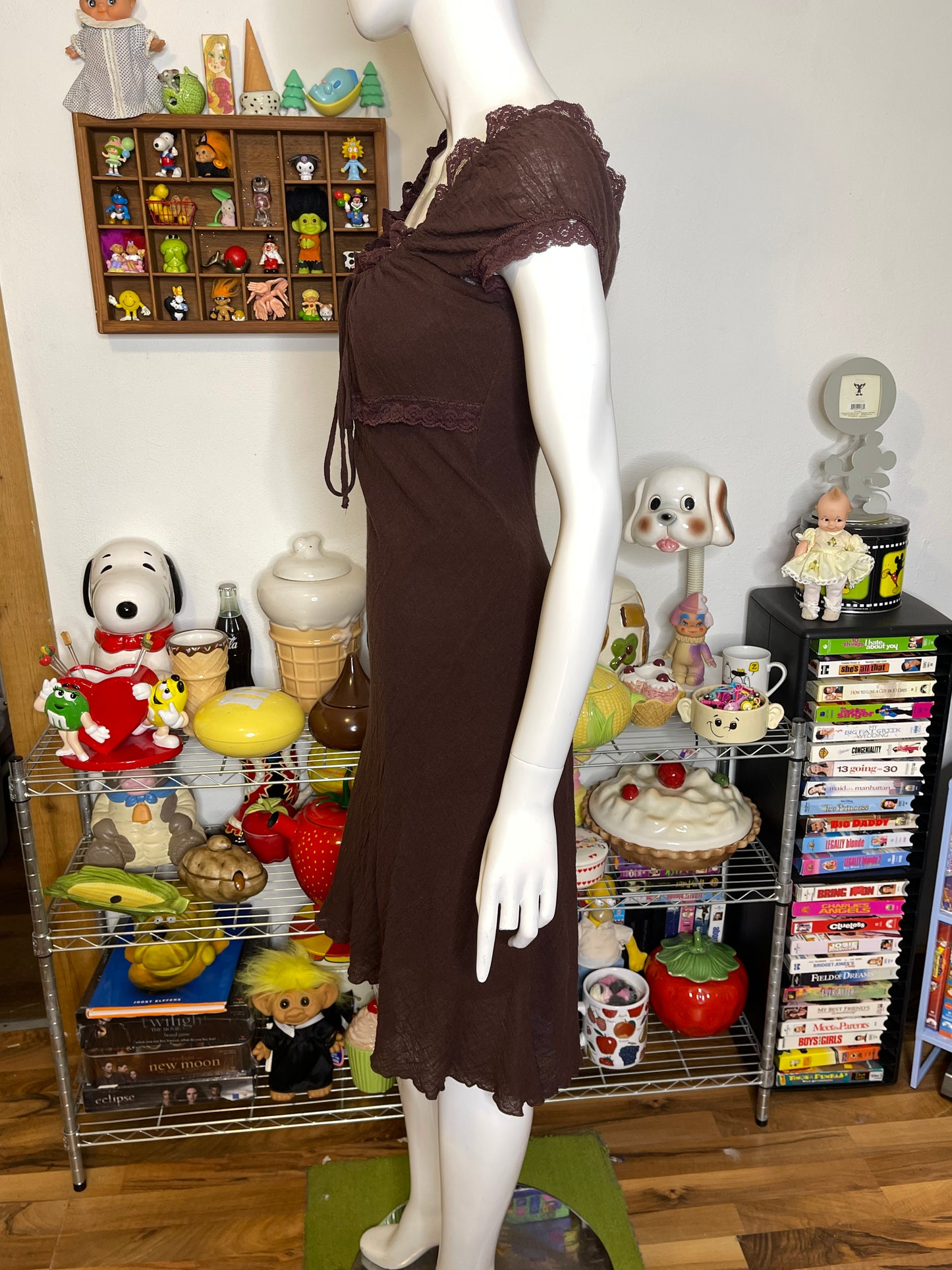 Vintage Brown Fairy Milkmaid Style Midi Dress Sz M