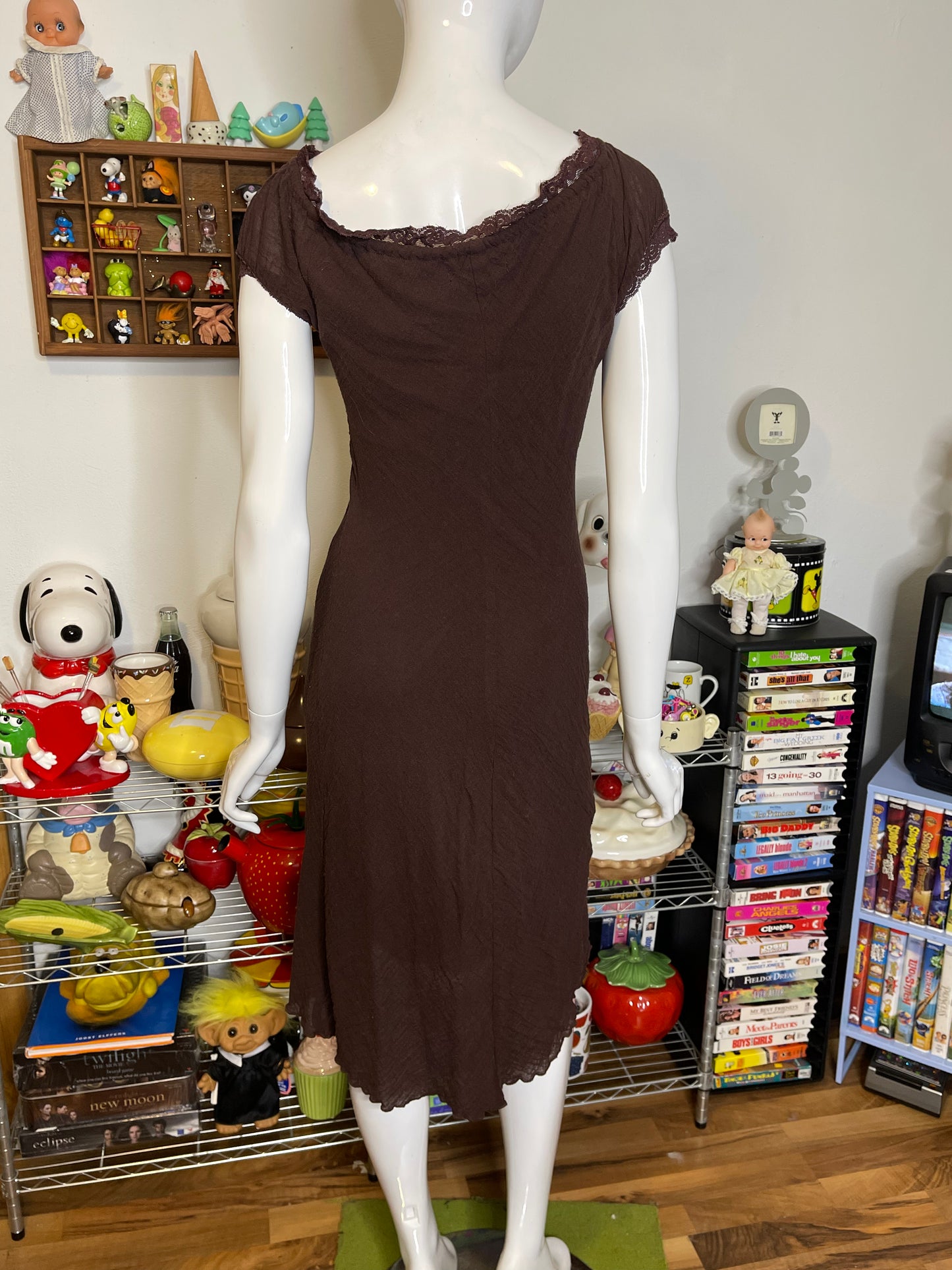 Vintage Brown Fairy Milkmaid Style Midi Dress Sz M