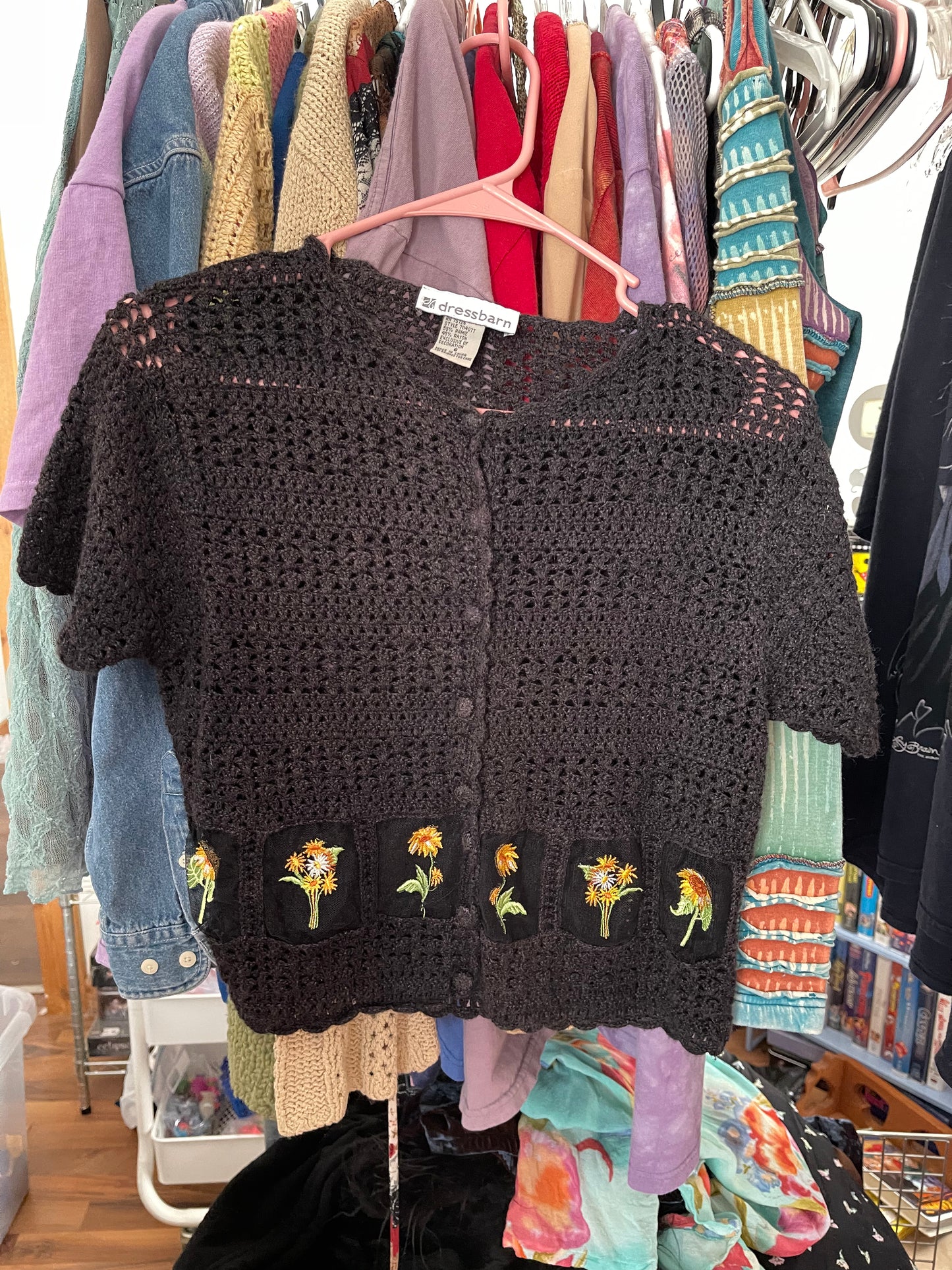 Vintage Black Crochet Flower Embroidered Knit Short Sleeve Cardigan Sz M