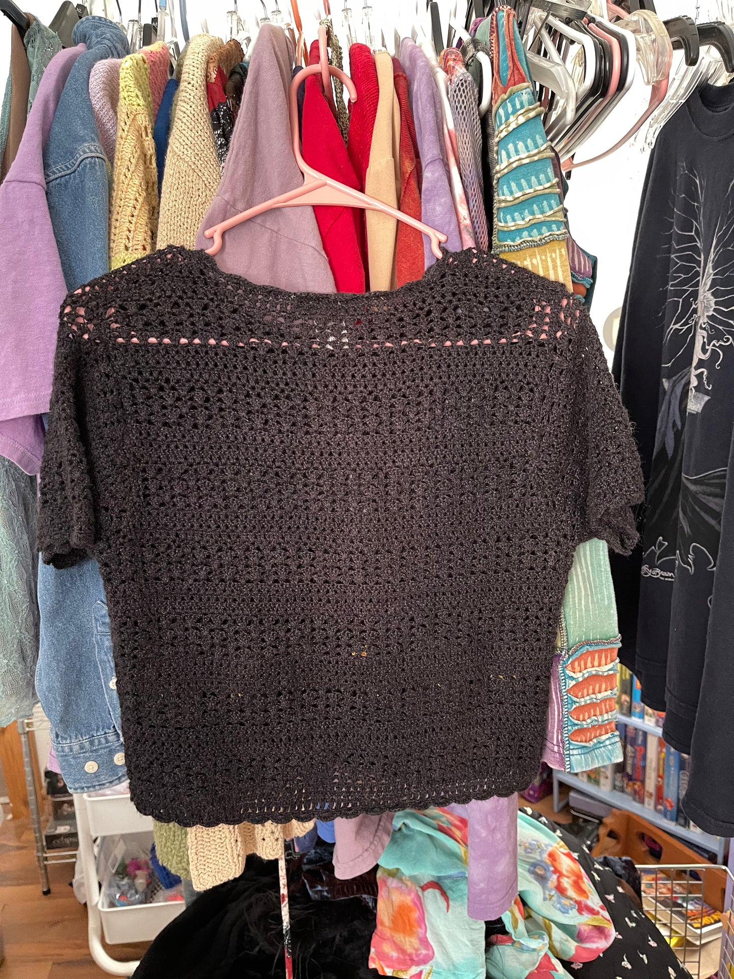 Vintage Black Crochet Flower Embroidered Knit Short Sleeve Cardigan Sz M