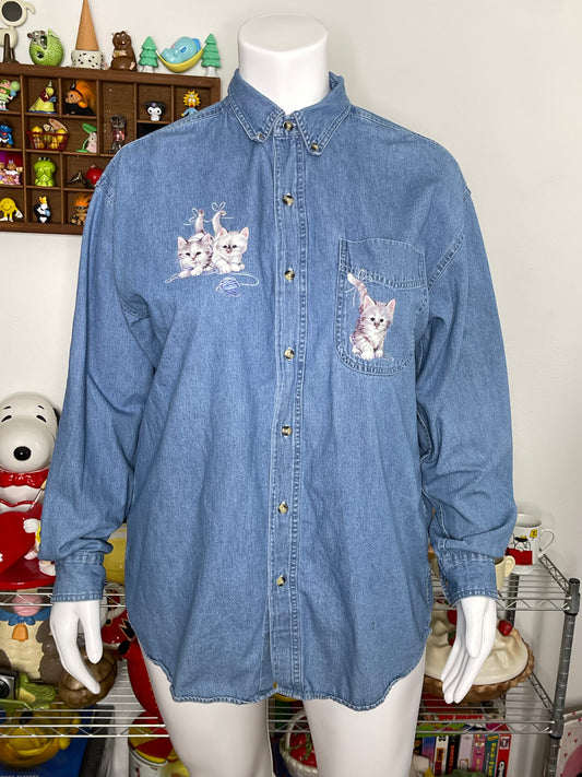 Vintage 90s Cat Denim Button Down Sz XL