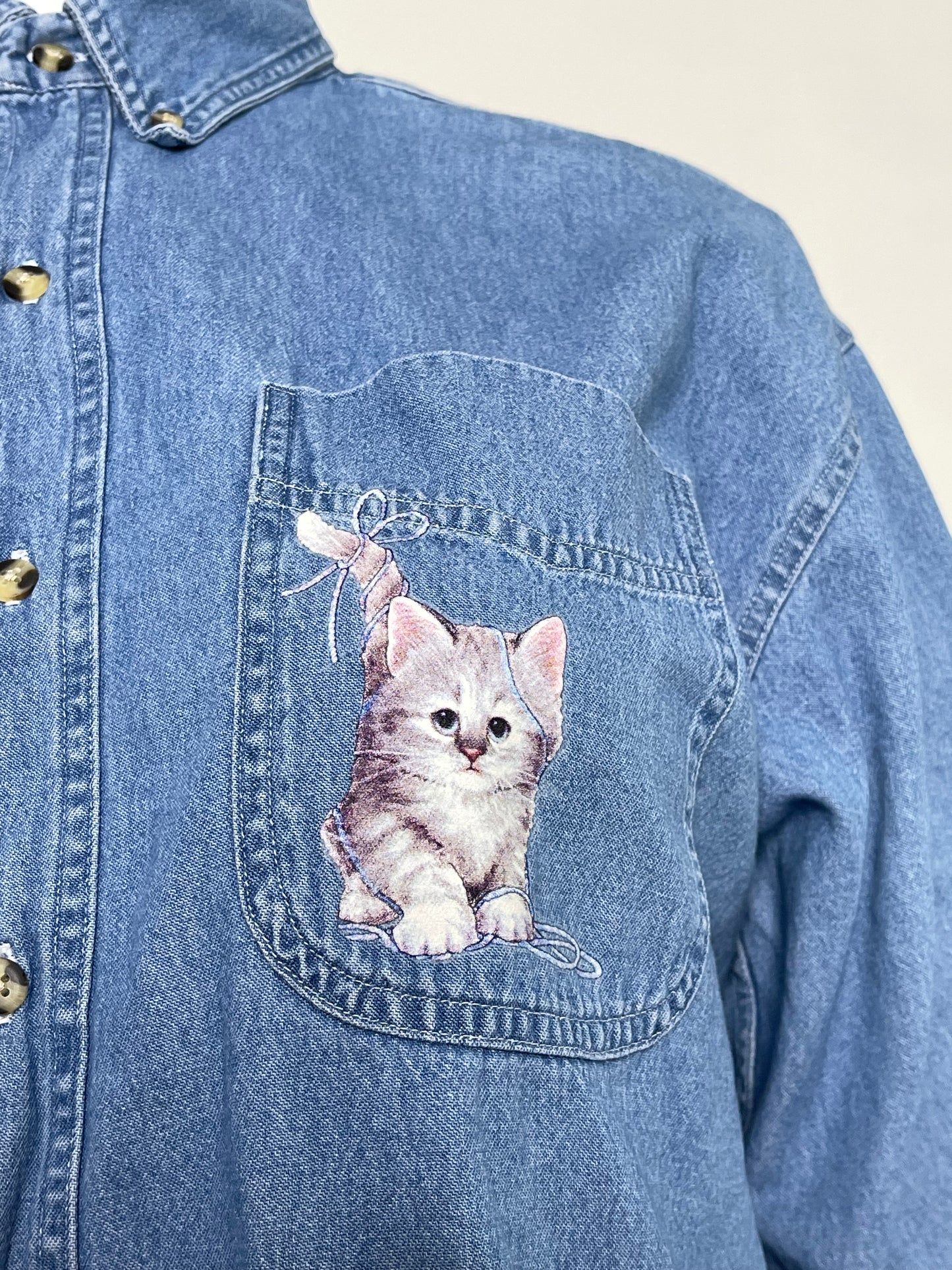 Vintage 90s Cat Denim Button Down Sz XL