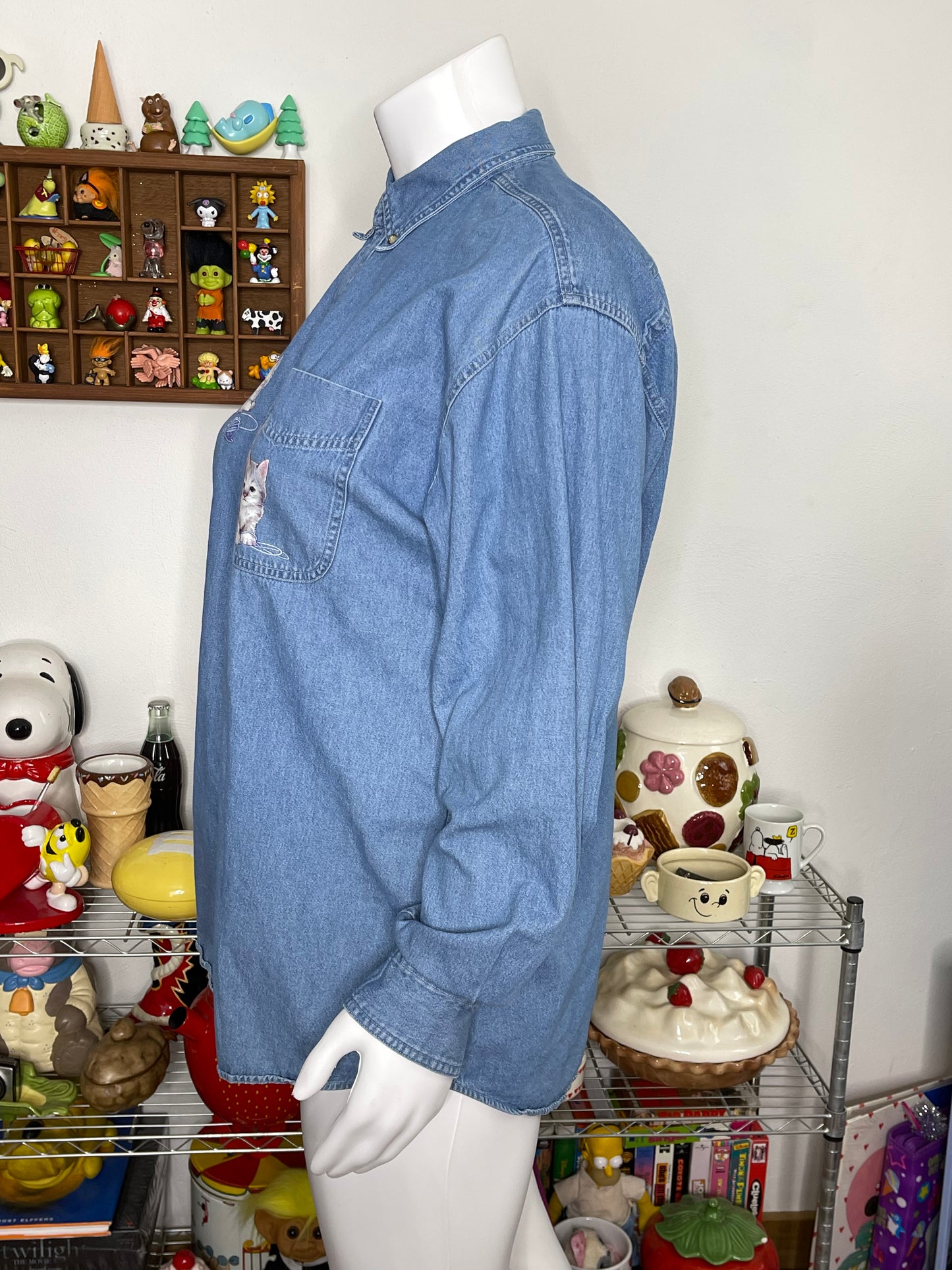 Vintage 90s Cat Denim Button Down Sz XL