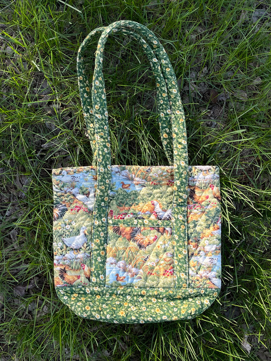 Handmade Quilted Chicken Floral Farm Shoulder Bag