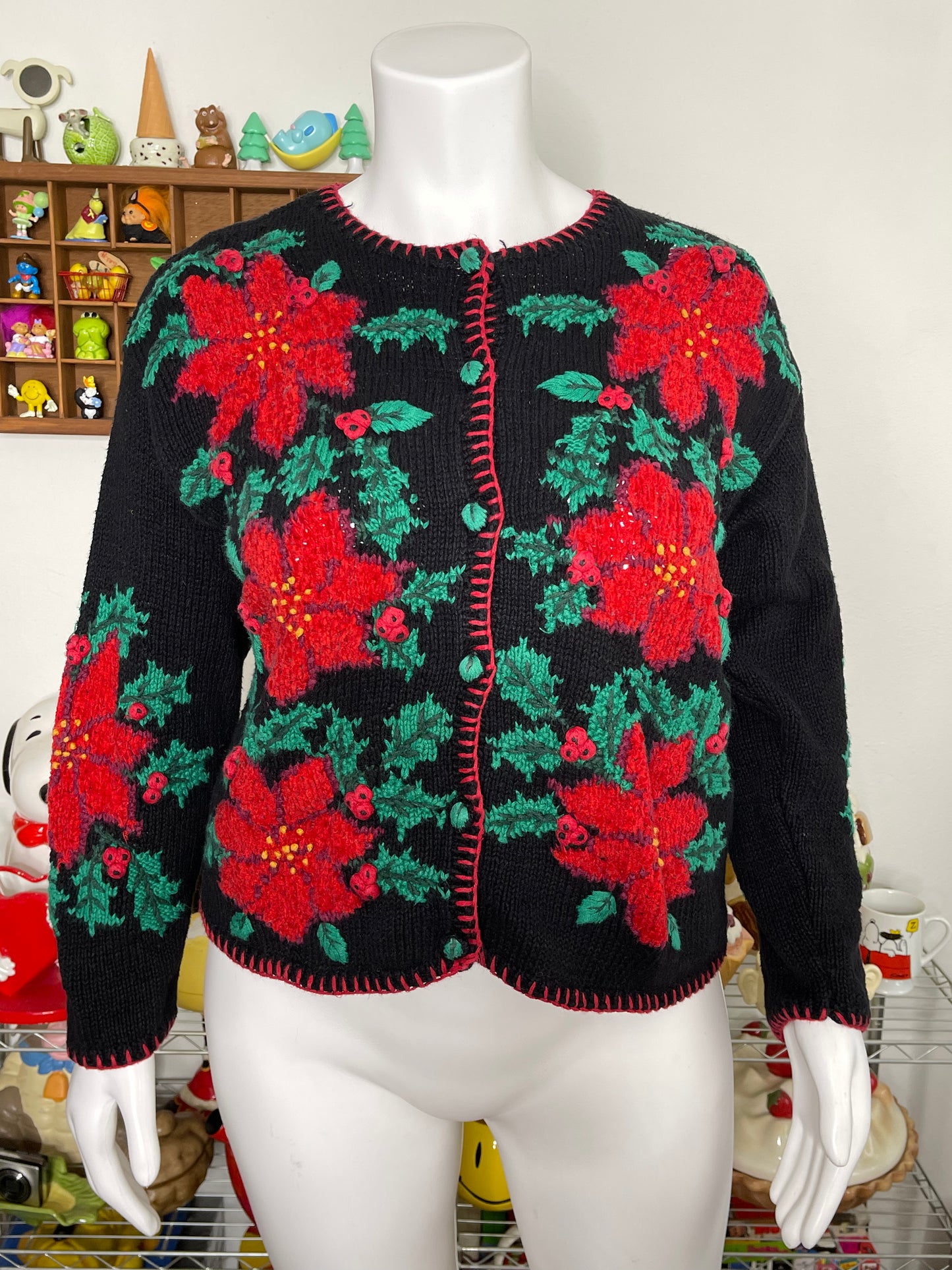 90s Poinsettia Floral Handknit Cardigan Sz L / XL