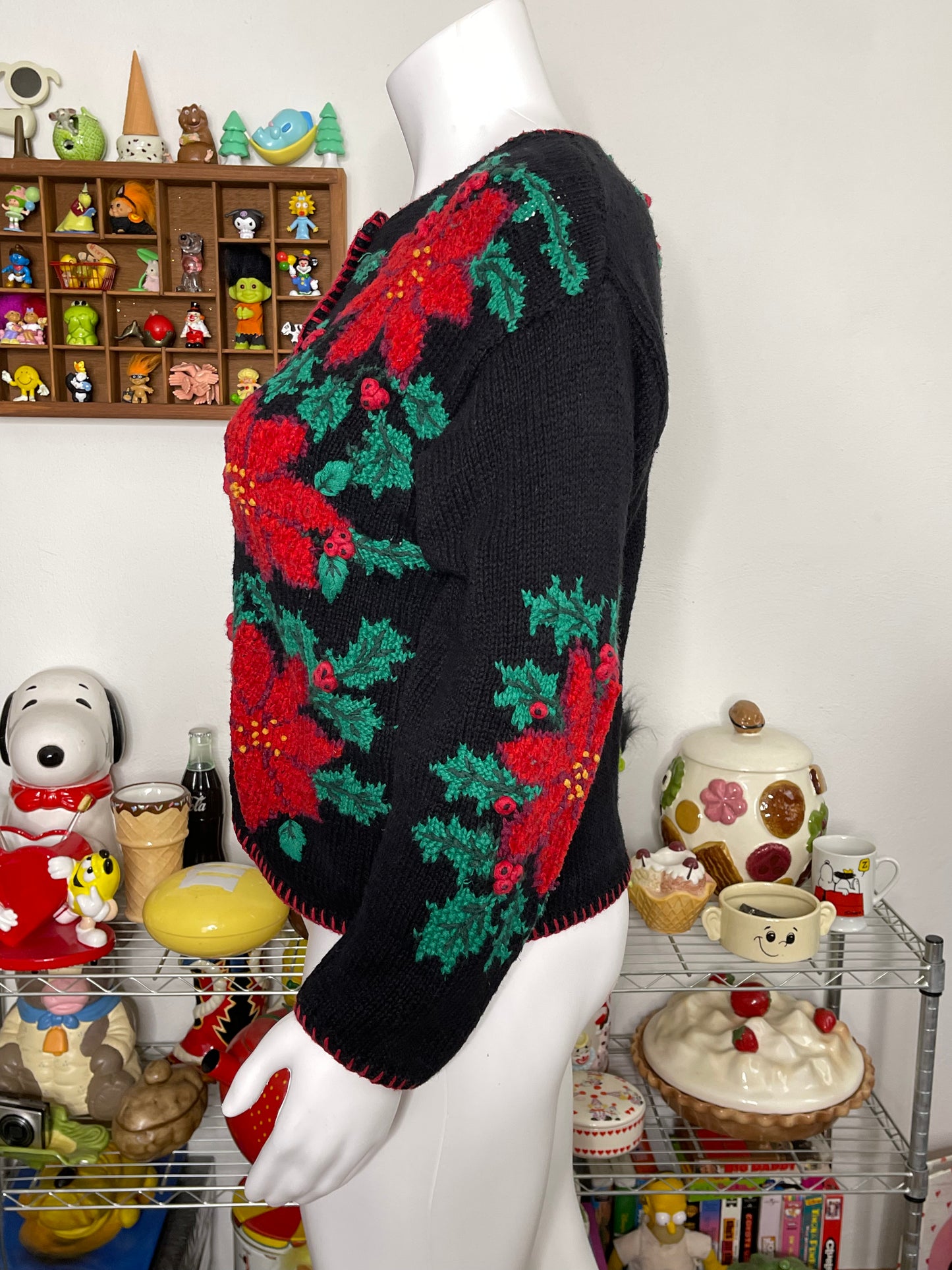 90s Poinsettia Floral Handknit Cardigan Sz L / XL
