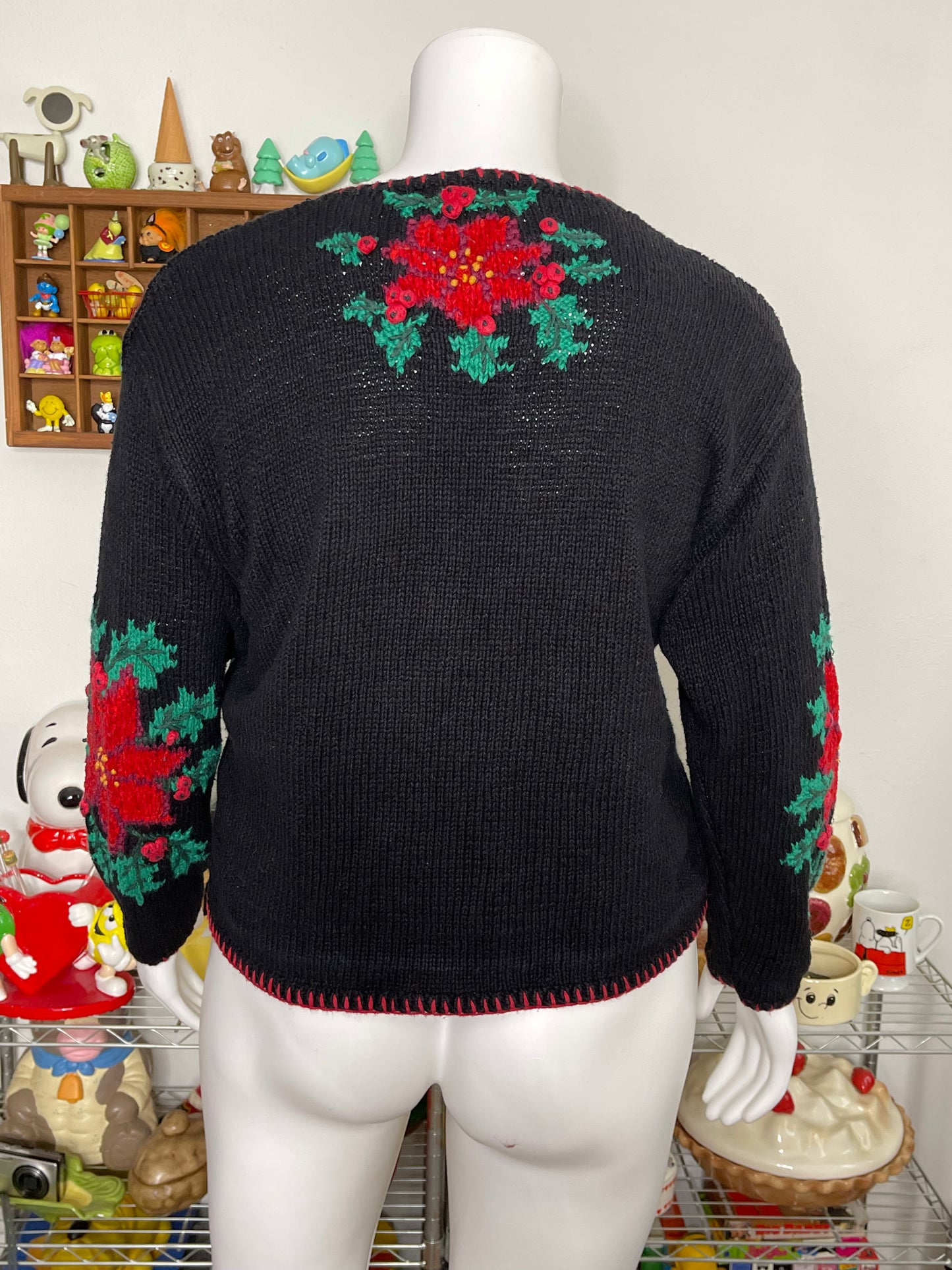90s Poinsettia Floral Handknit Cardigan Sz L / XL
