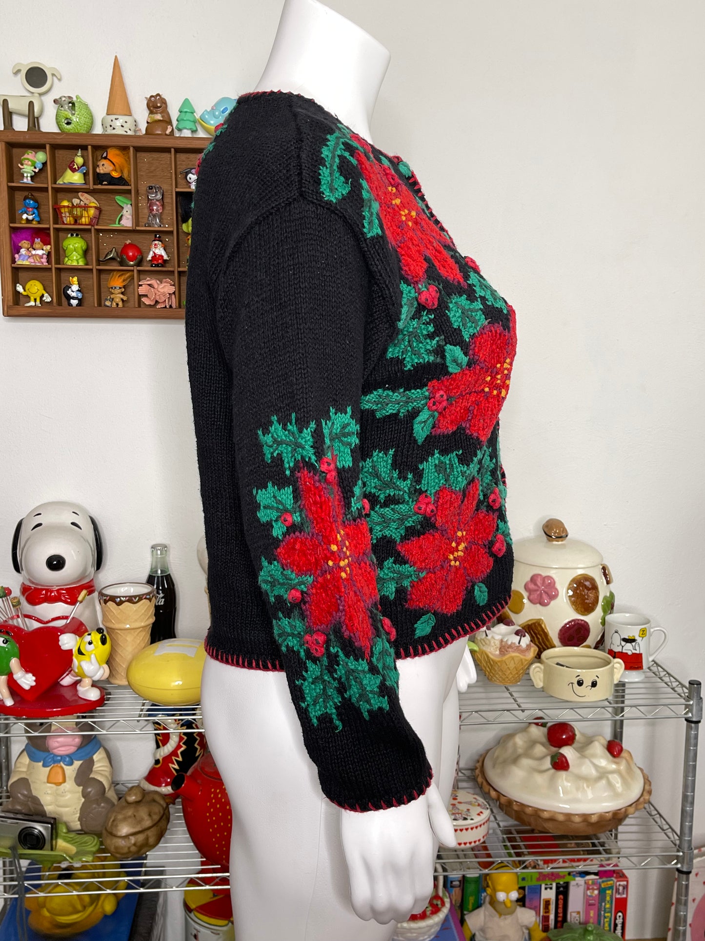 90s Poinsettia Floral Handknit Cardigan Sz L / XL