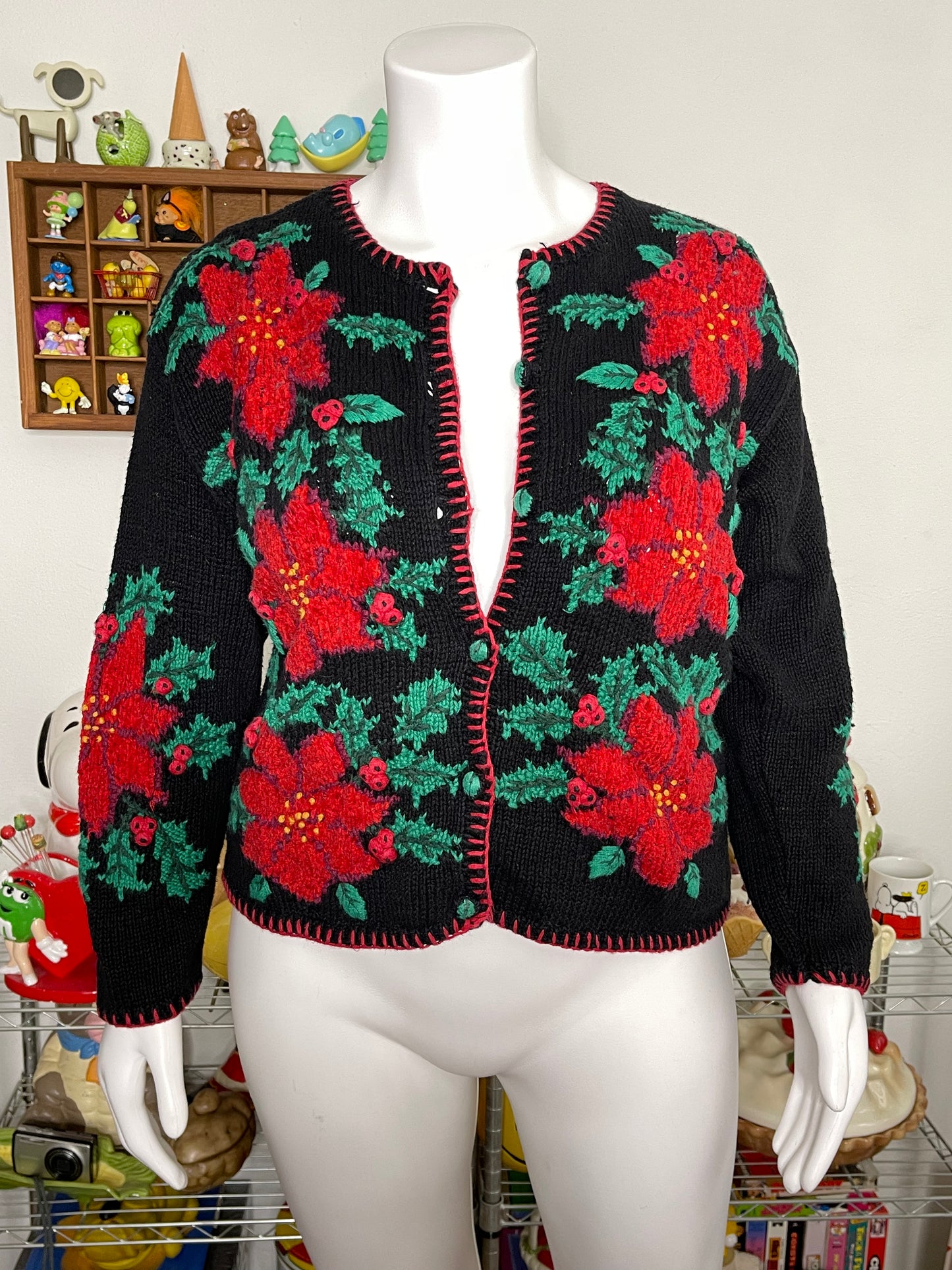 90s Poinsettia Floral Handknit Cardigan Sz L / XL