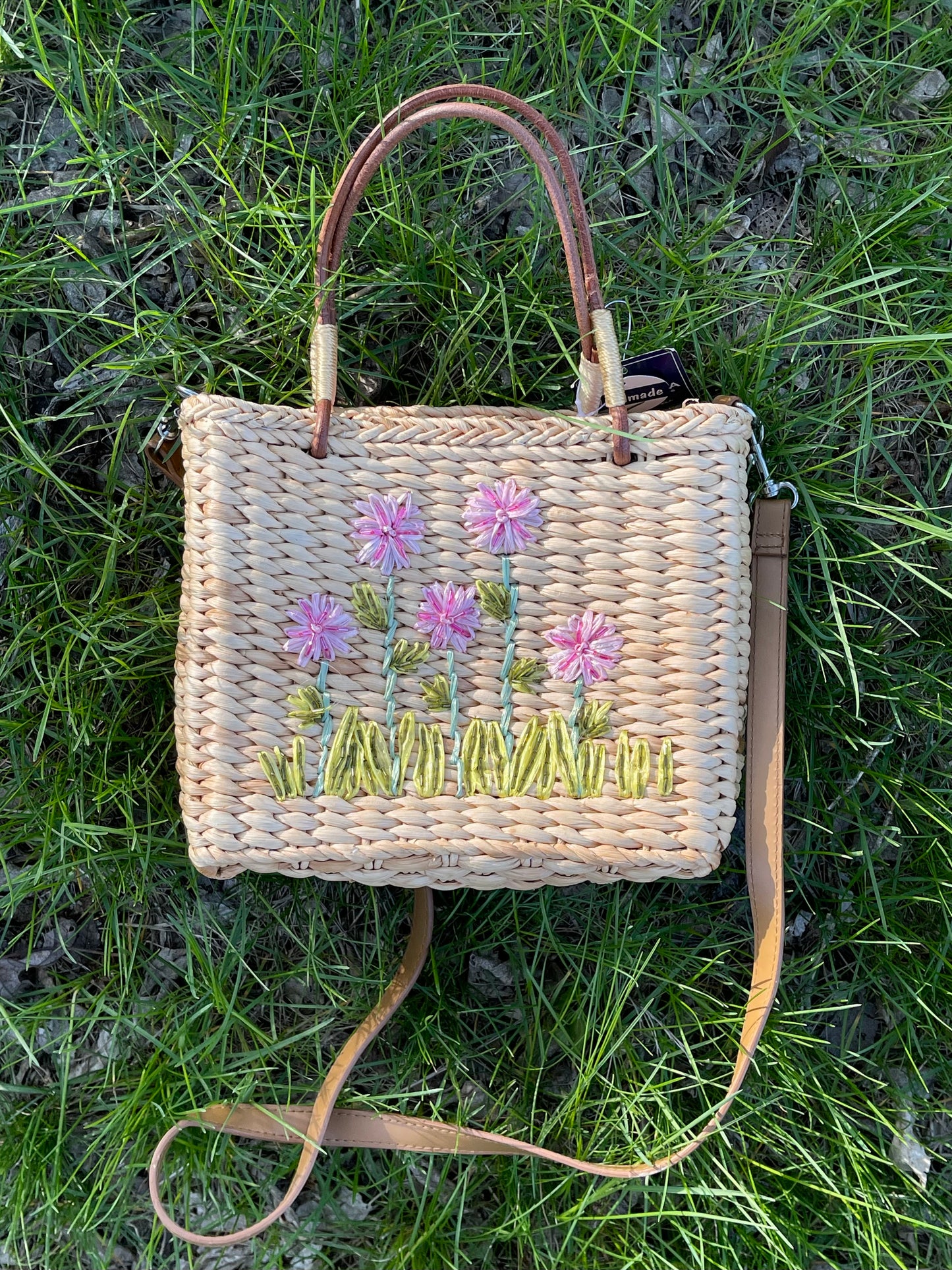 2000s Spring Flower Beaded Straw Picnic Crossbody Bag