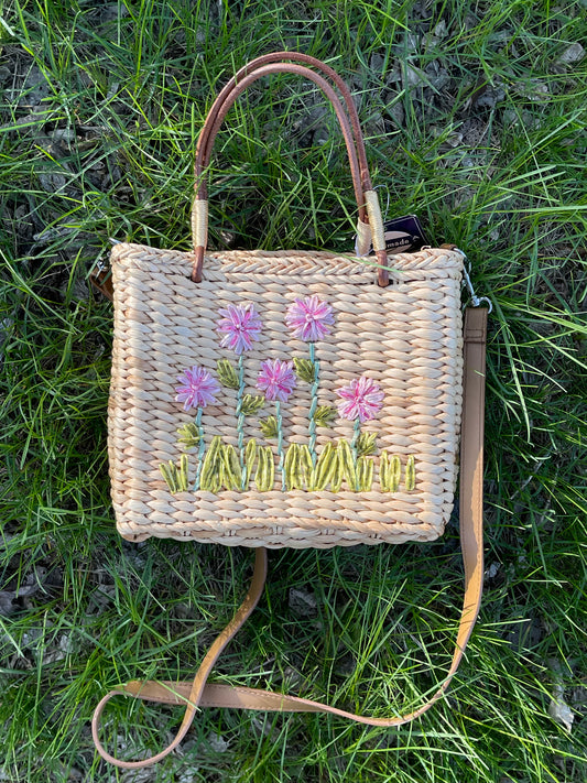 2000s Spring Flower Beaded Straw Picnic Crossbody Bag