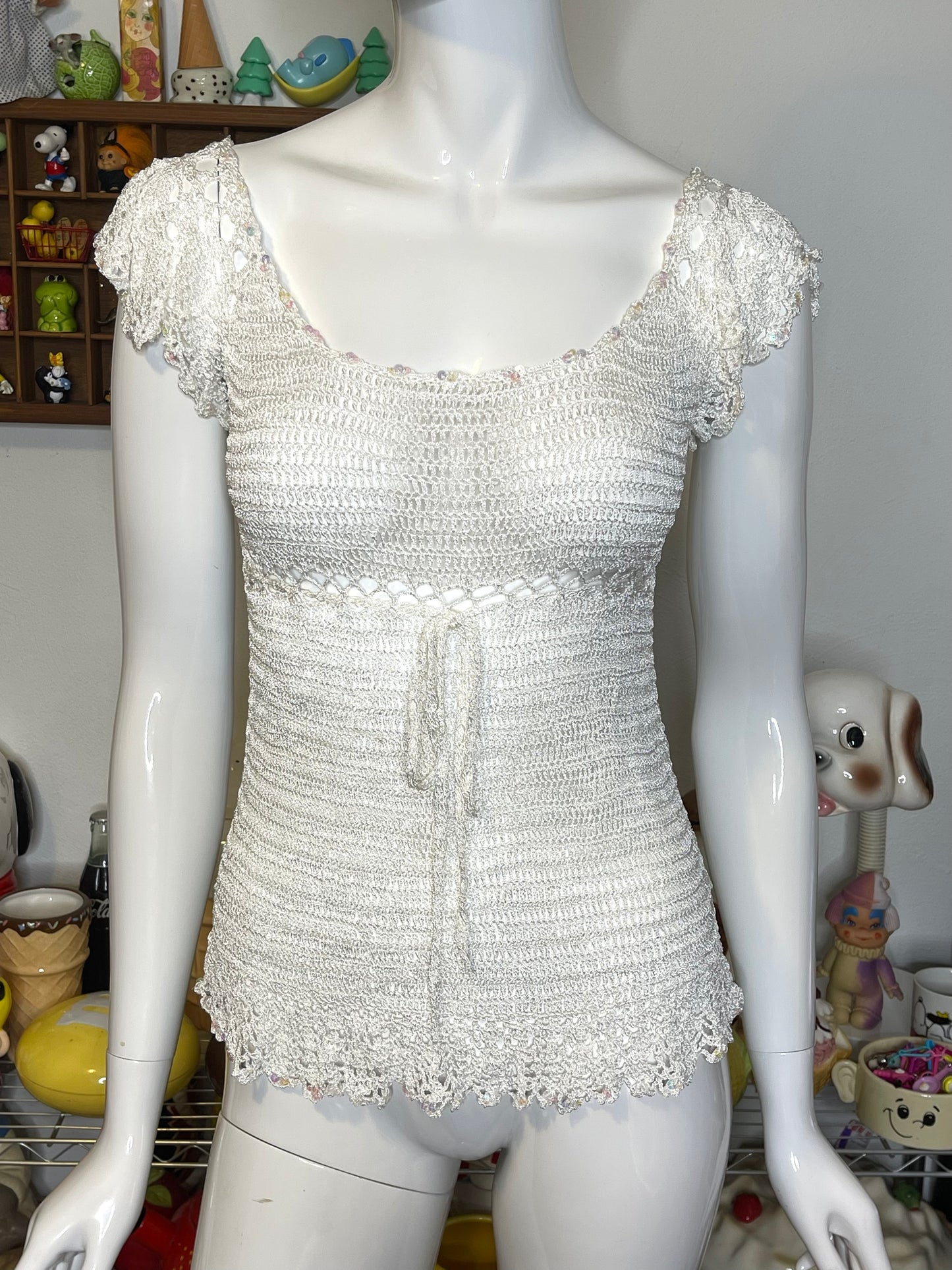 2000s White Crochet Knit Sequin Fairy Style Top Sz S