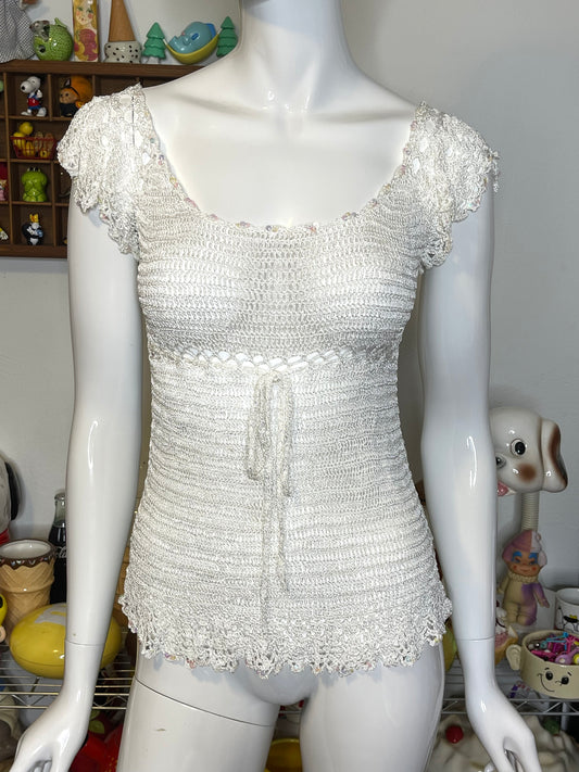 2000s White Crochet Knit Sequin Fairy Style Top Sz S