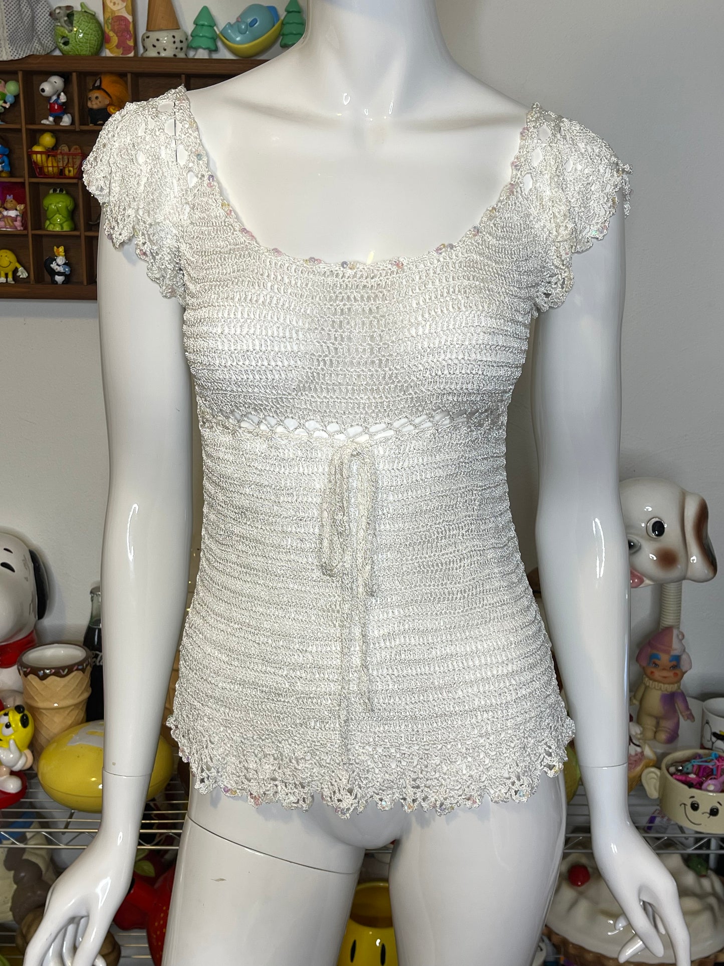 2000s White Crochet Knit Sequin Fairy Style Top Sz S