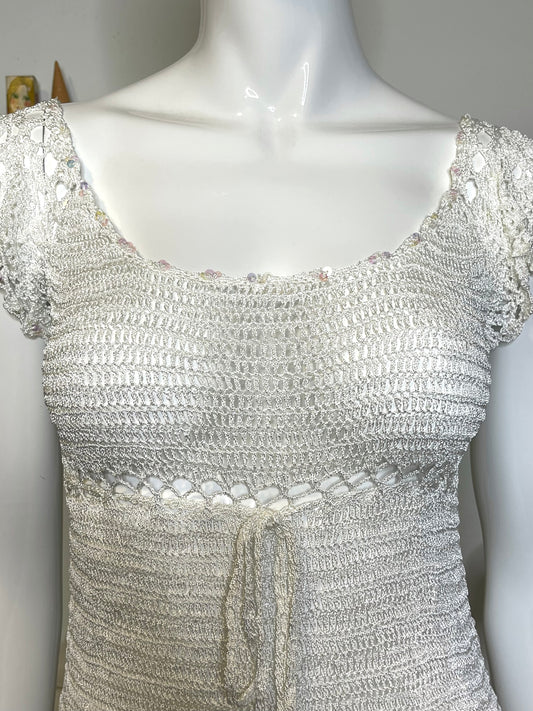 2000s White Crochet Knit Sequin Fairy Style Top Sz S
