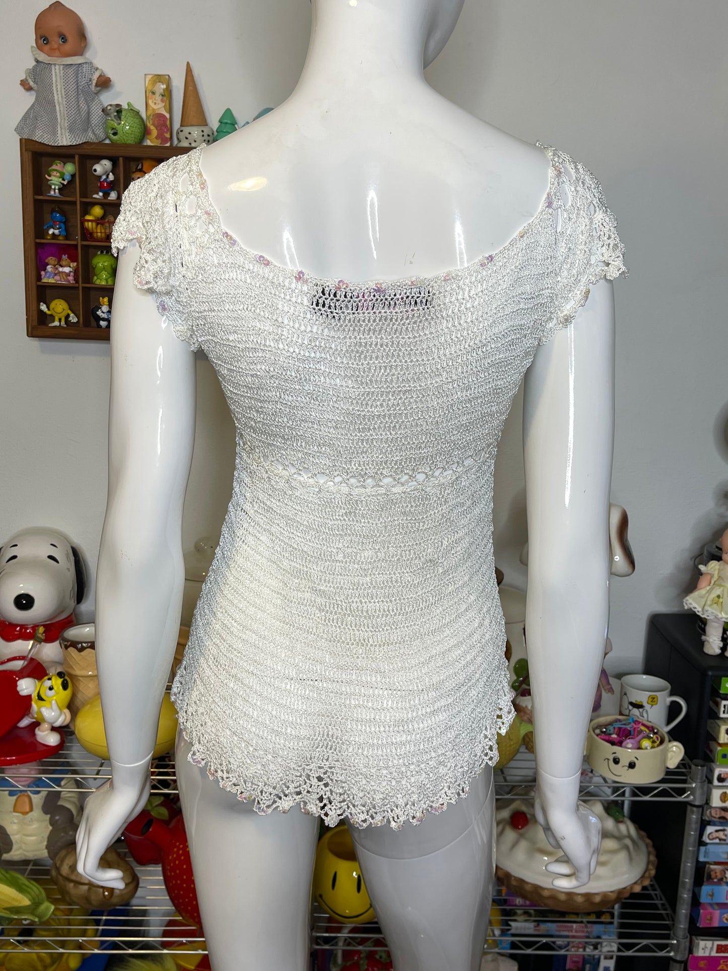 2000s White Crochet Knit Sequin Fairy Style Top Sz S
