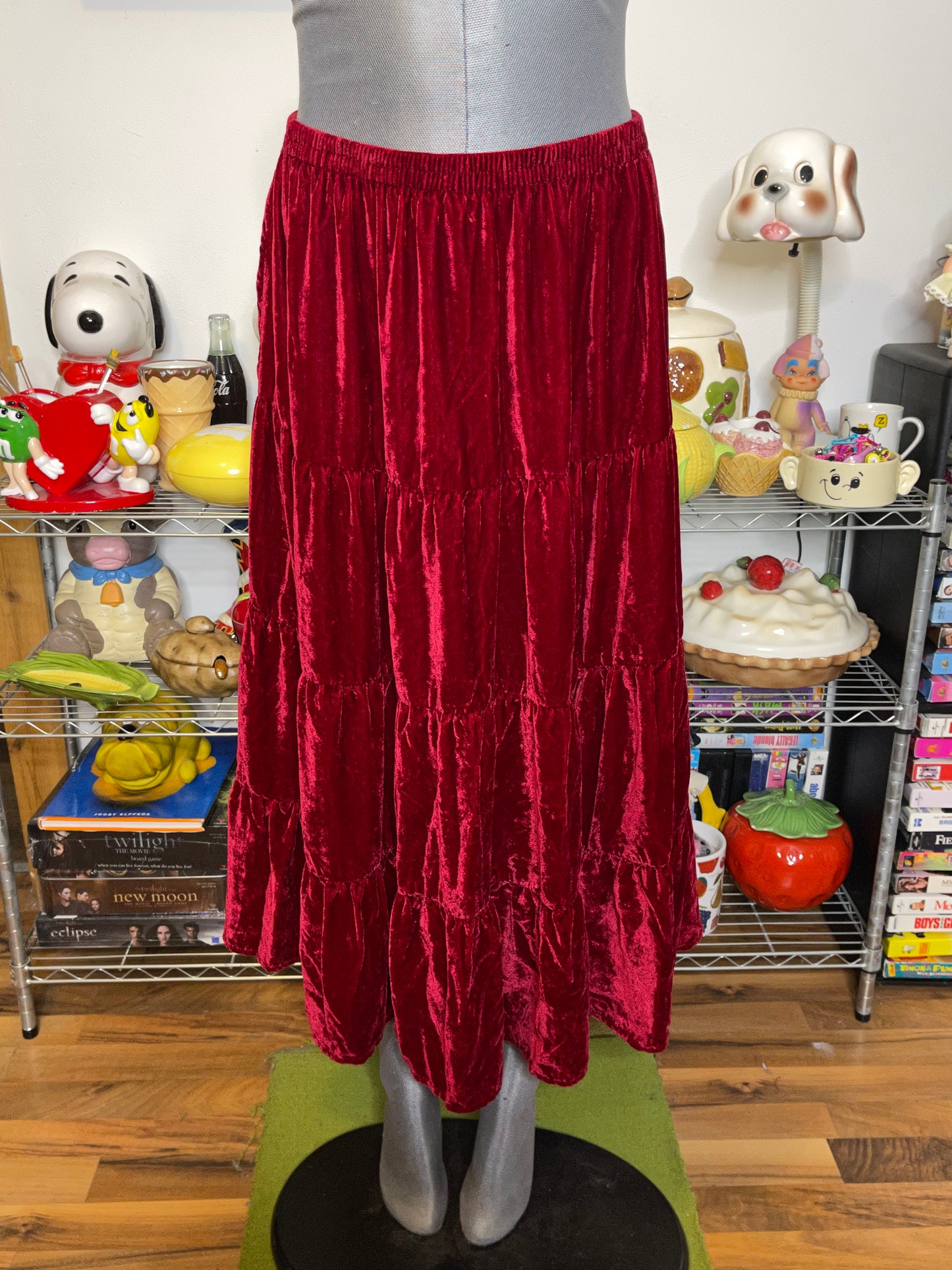 Vintage Red Velvet Tiered Midi Maxi Skirt Sz L