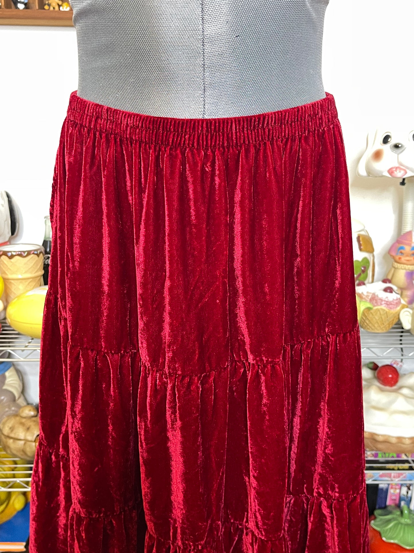 Vintage Red Velvet Tiered Midi Maxi Skirt Sz L