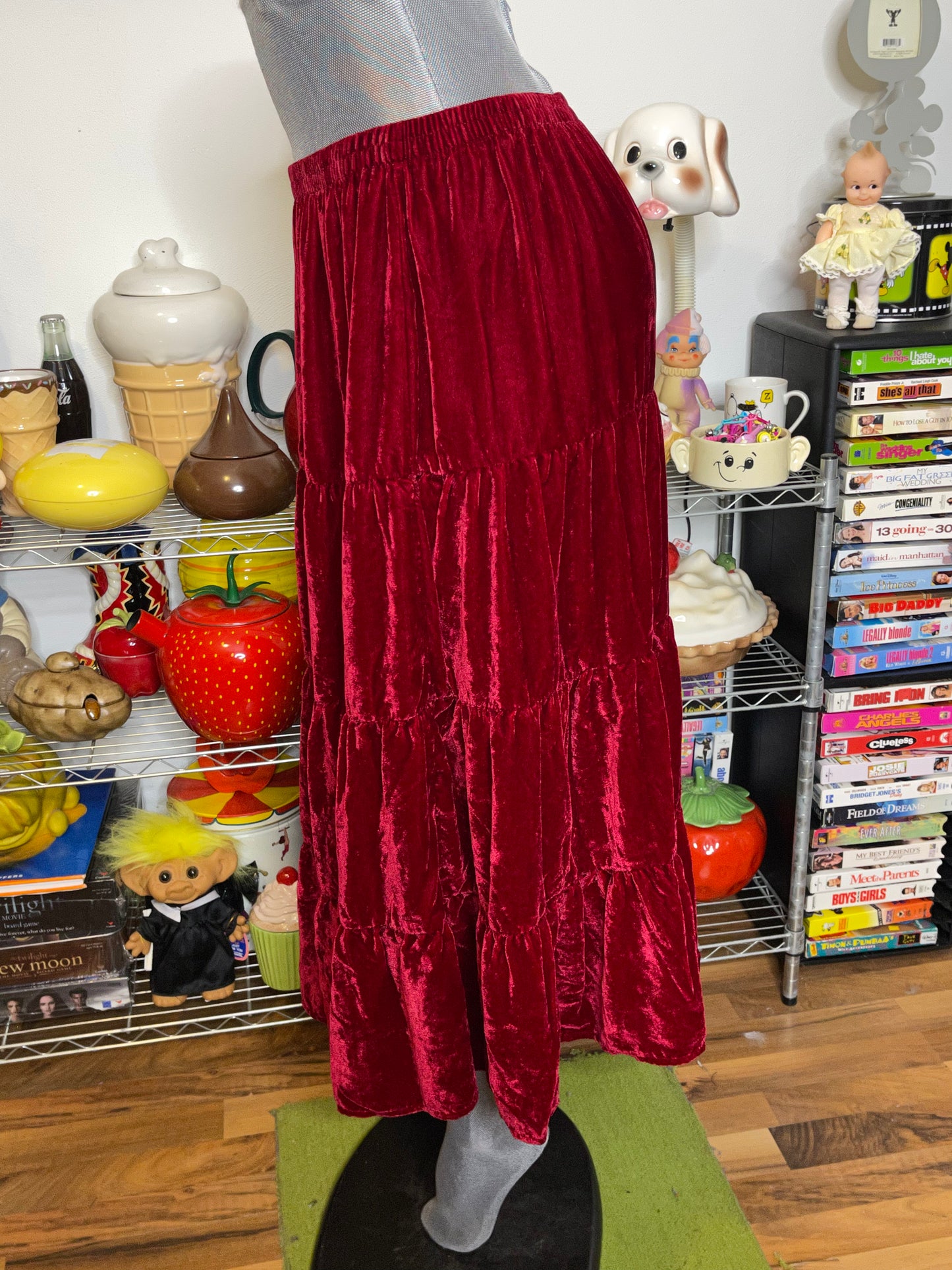 Vintage Red Velvet Tiered Midi Maxi Skirt Sz L