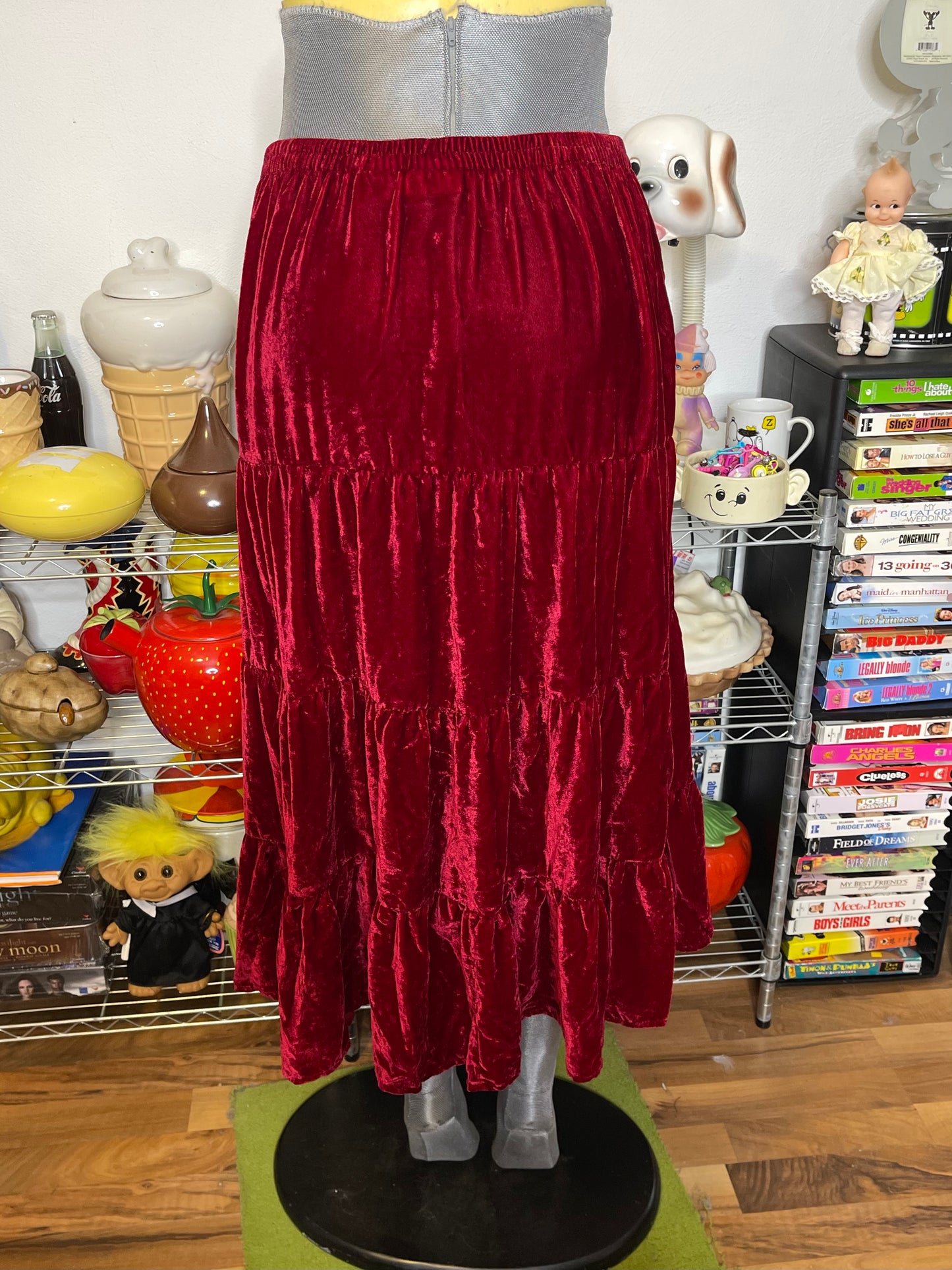 Vintage Red Velvet Tiered Midi Maxi Skirt Sz L