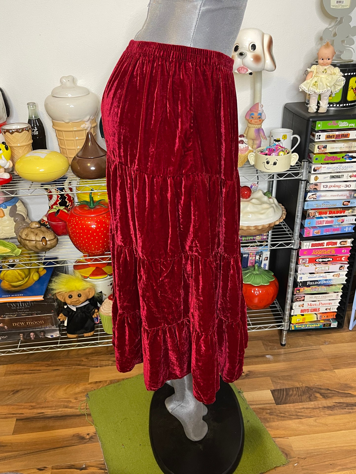 Vintage Red Velvet Tiered Midi Maxi Skirt Sz L