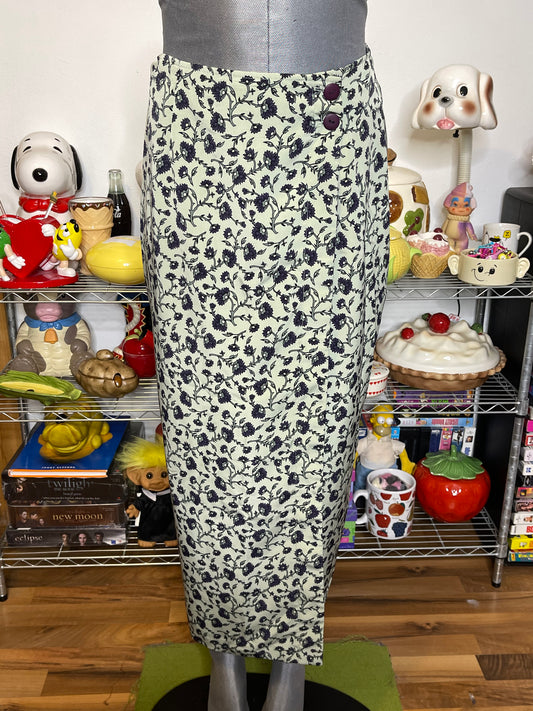 Vintage Sage Green Flower Print Wrap Maxi Skirt Sz S 27in