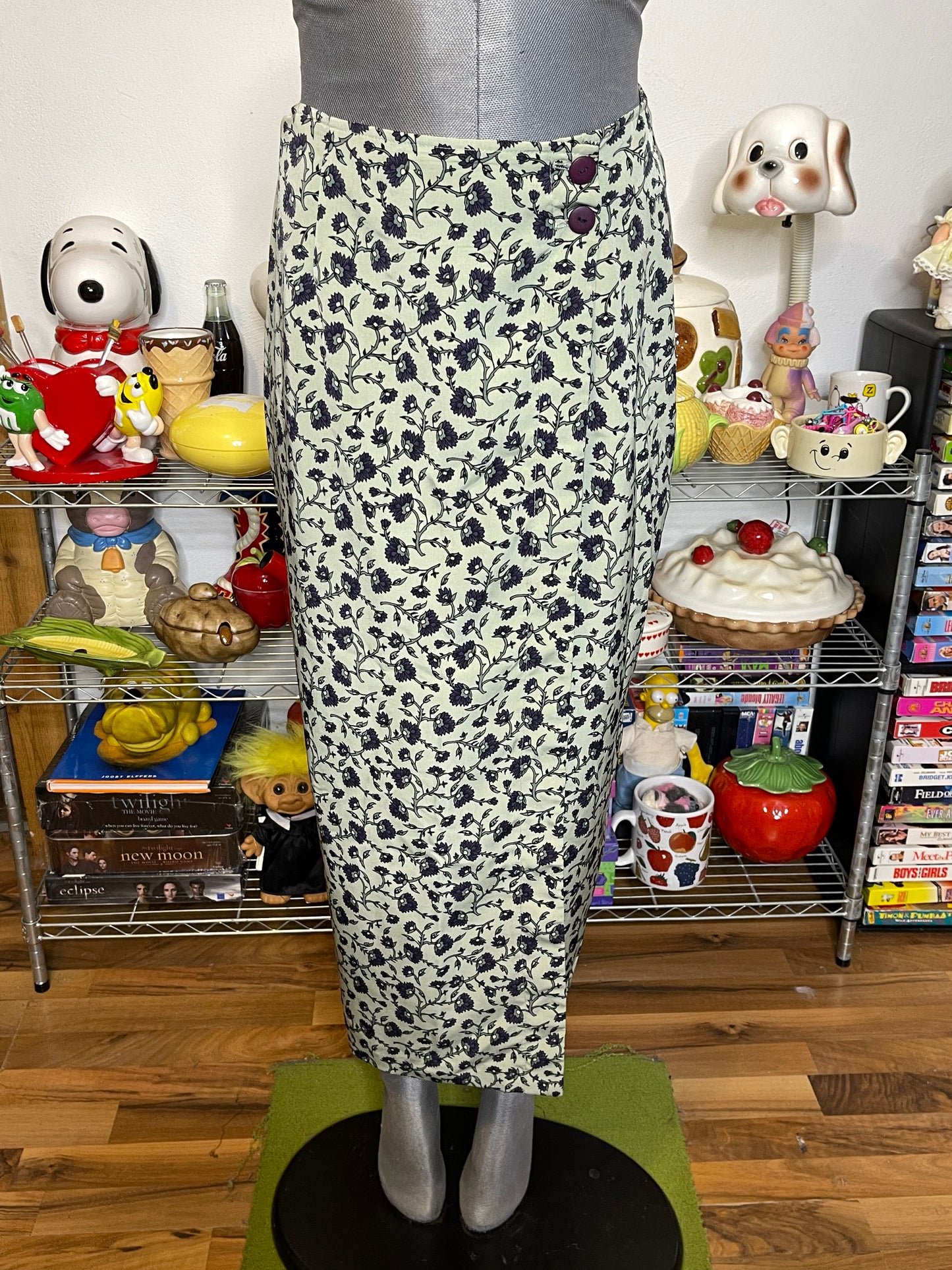 Vintage Sage Green Flower Print Wrap Maxi Skirt Sz S 27in
