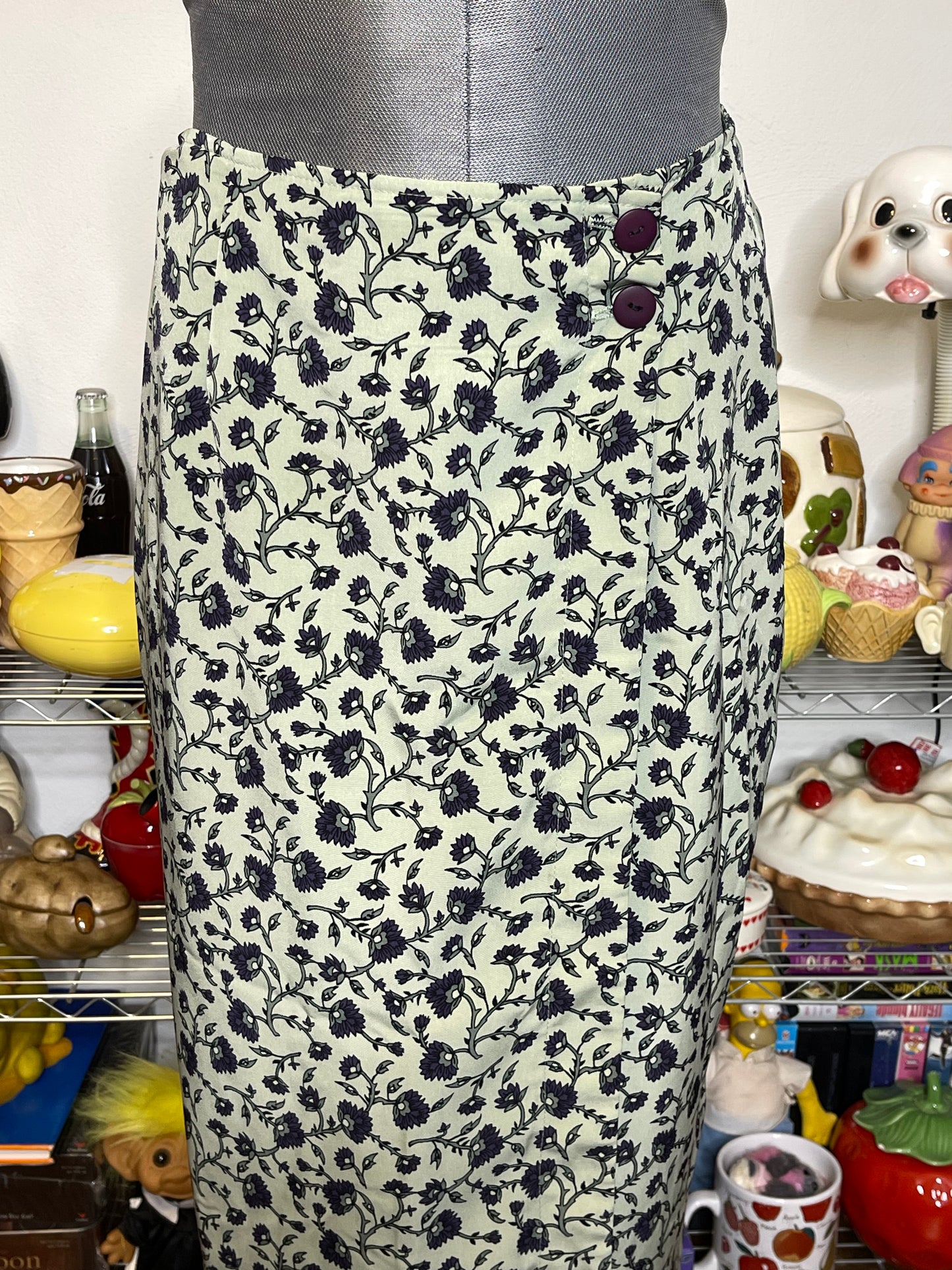 Vintage Sage Green Flower Print Wrap Maxi Skirt Sz S 27in
