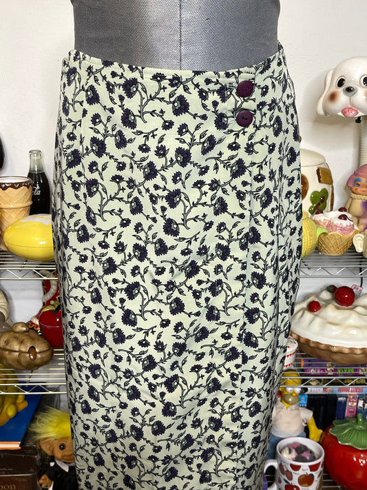 Vintage Sage Green Flower Print Wrap Maxi Skirt Sz S 27in