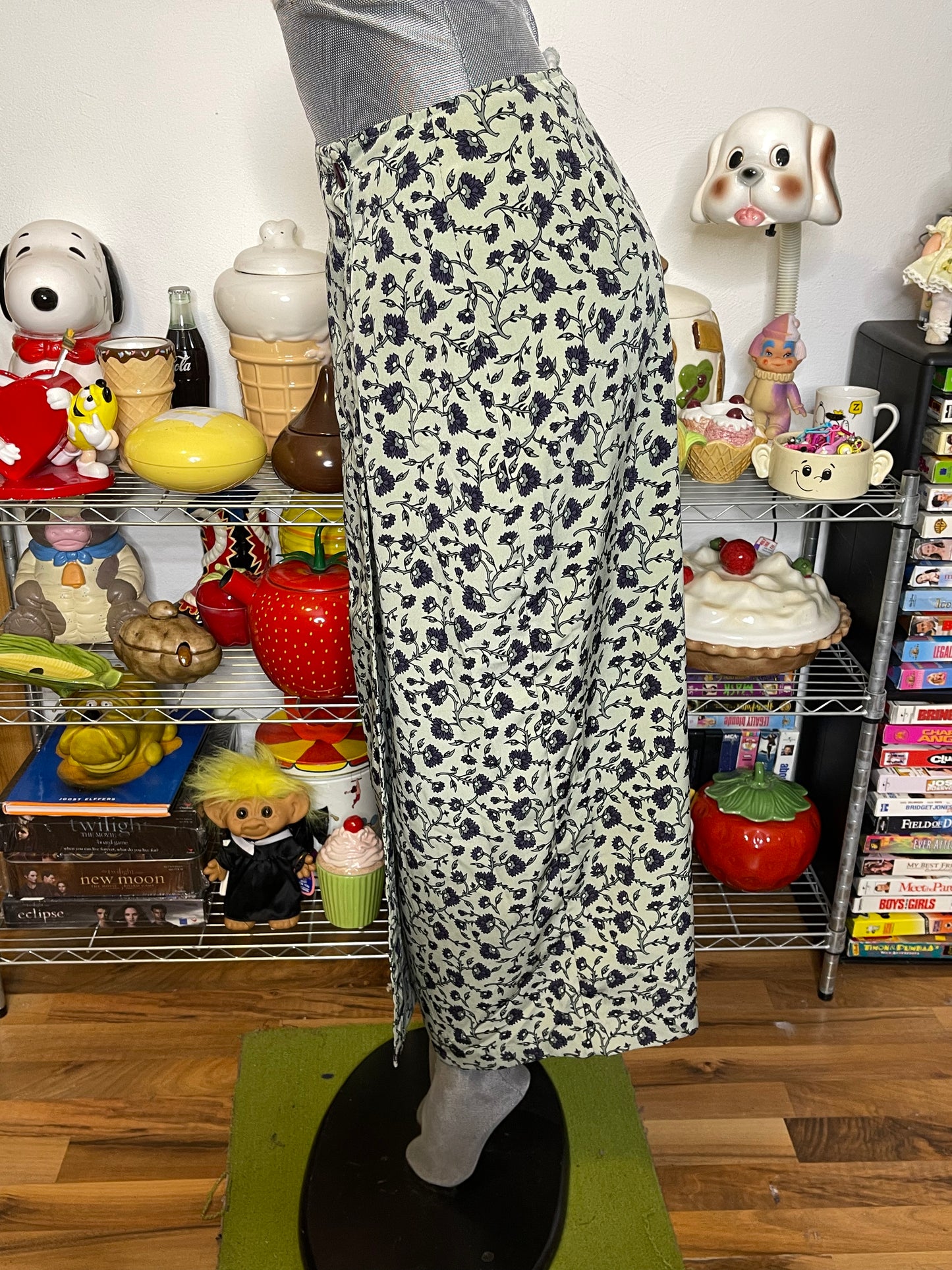 Vintage Sage Green Flower Print Wrap Maxi Skirt Sz S 27in