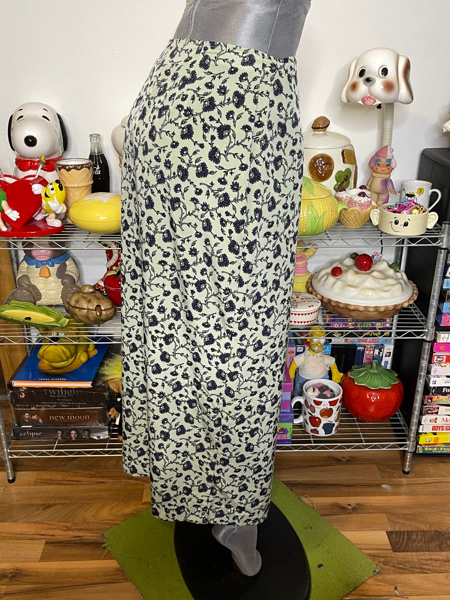 Vintage Sage Green Flower Print Wrap Maxi Skirt Sz S 27in
