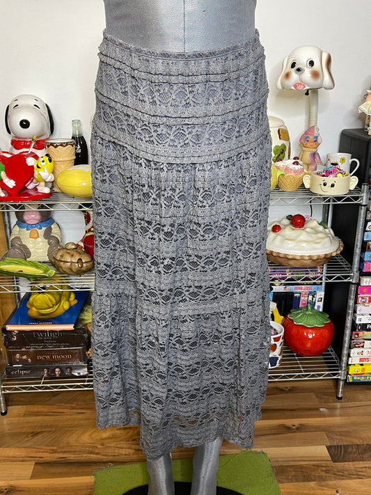 2000s Gray Ruffle Lace Maxi Skirt Sz M/L