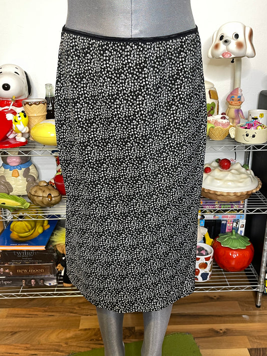 Vintage Black Flower Print Midi Skirt Sz M/L