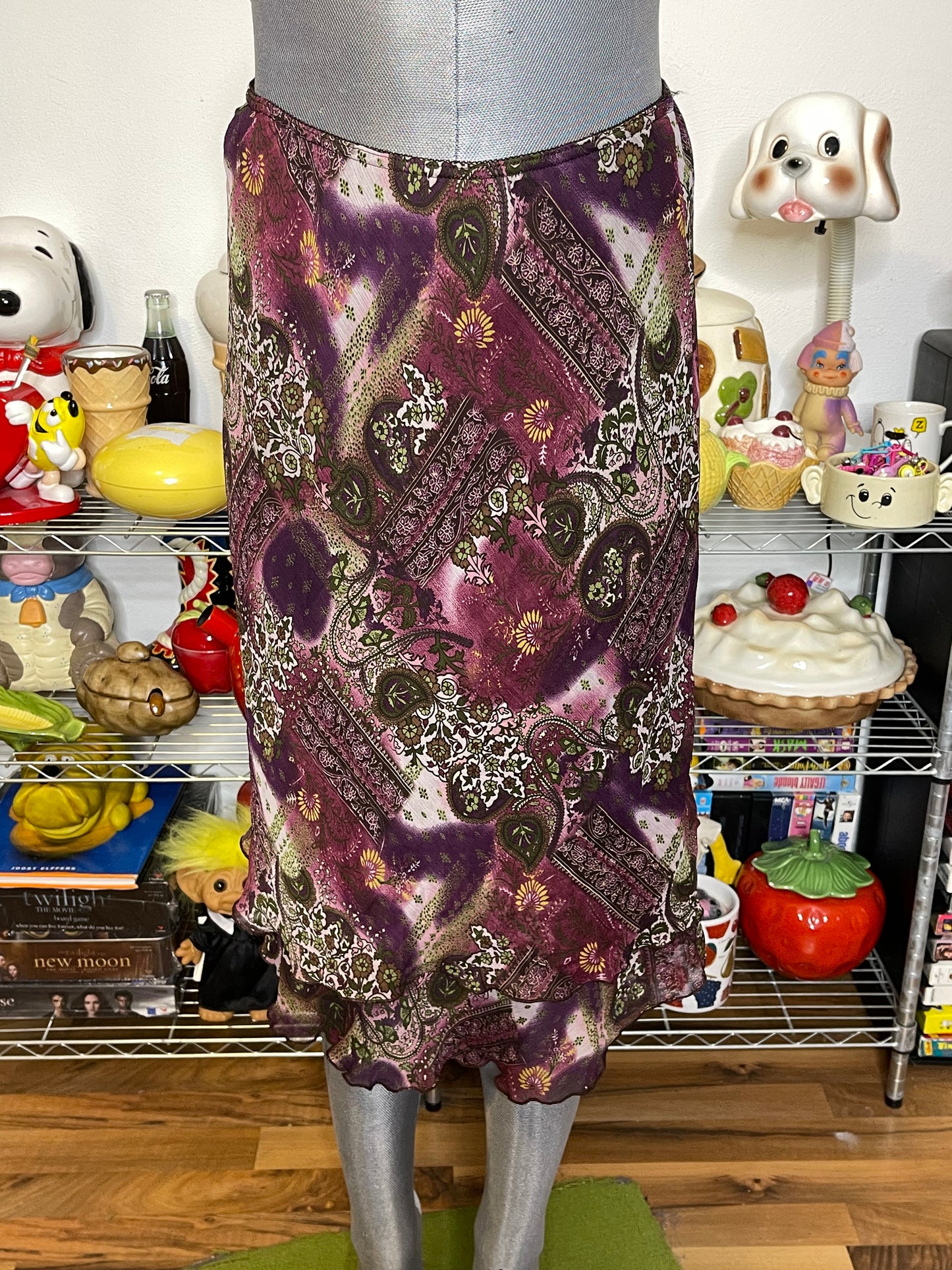 2000s Purple Paisley Print Midi Skirt Sz M