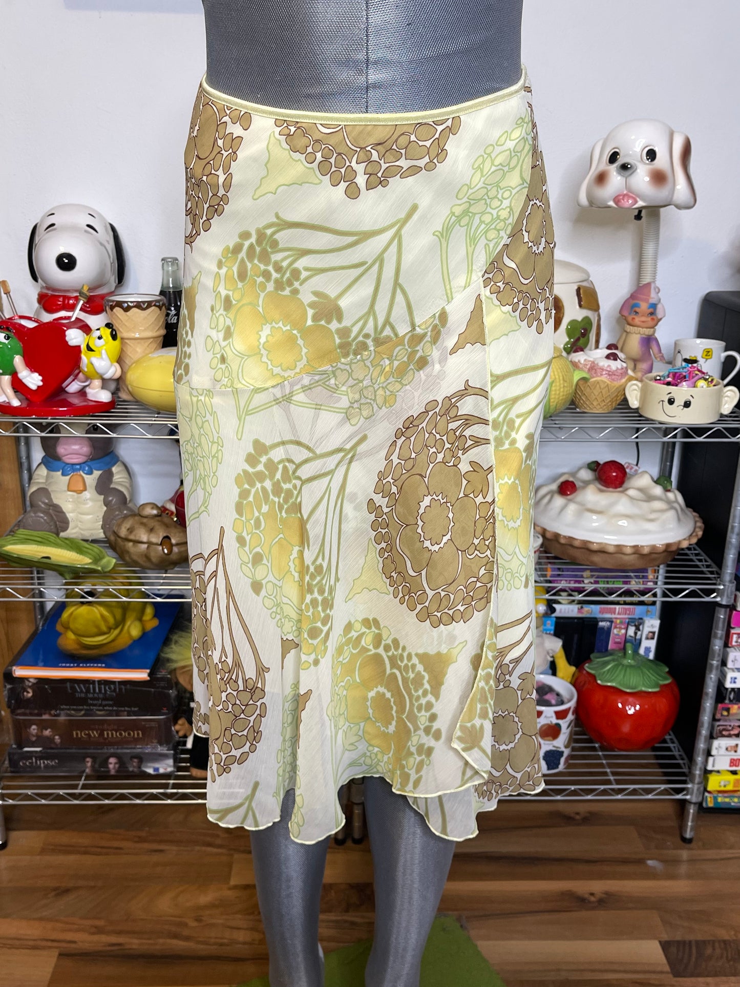 2000s Flower Print Yellow Midi Skirt Sz S/M