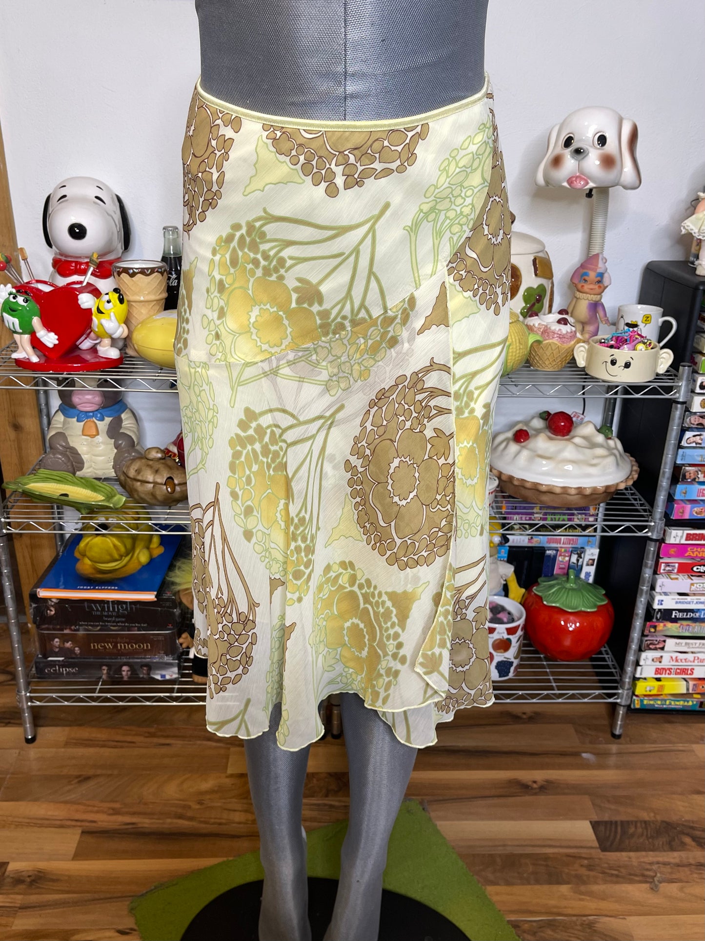 2000s Flower Print Yellow Midi Skirt Sz S/M