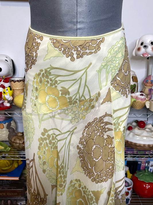 2000s Flower Print Yellow Midi Skirt Sz S/M