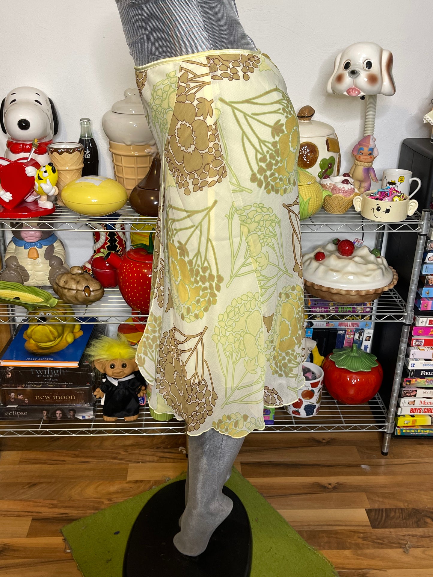 2000s Flower Print Yellow Midi Skirt Sz S/M