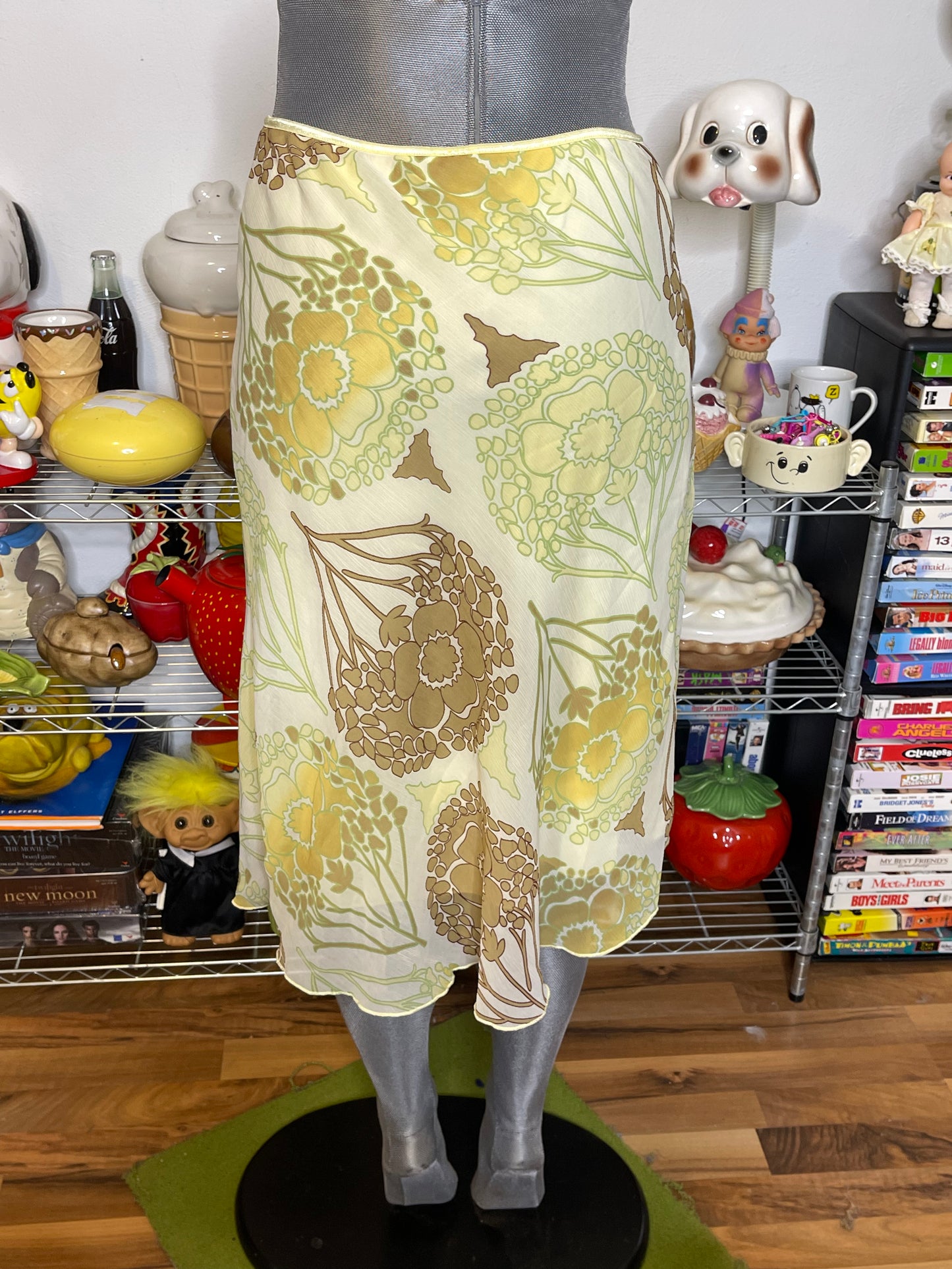 2000s Flower Print Yellow Midi Skirt Sz S/M