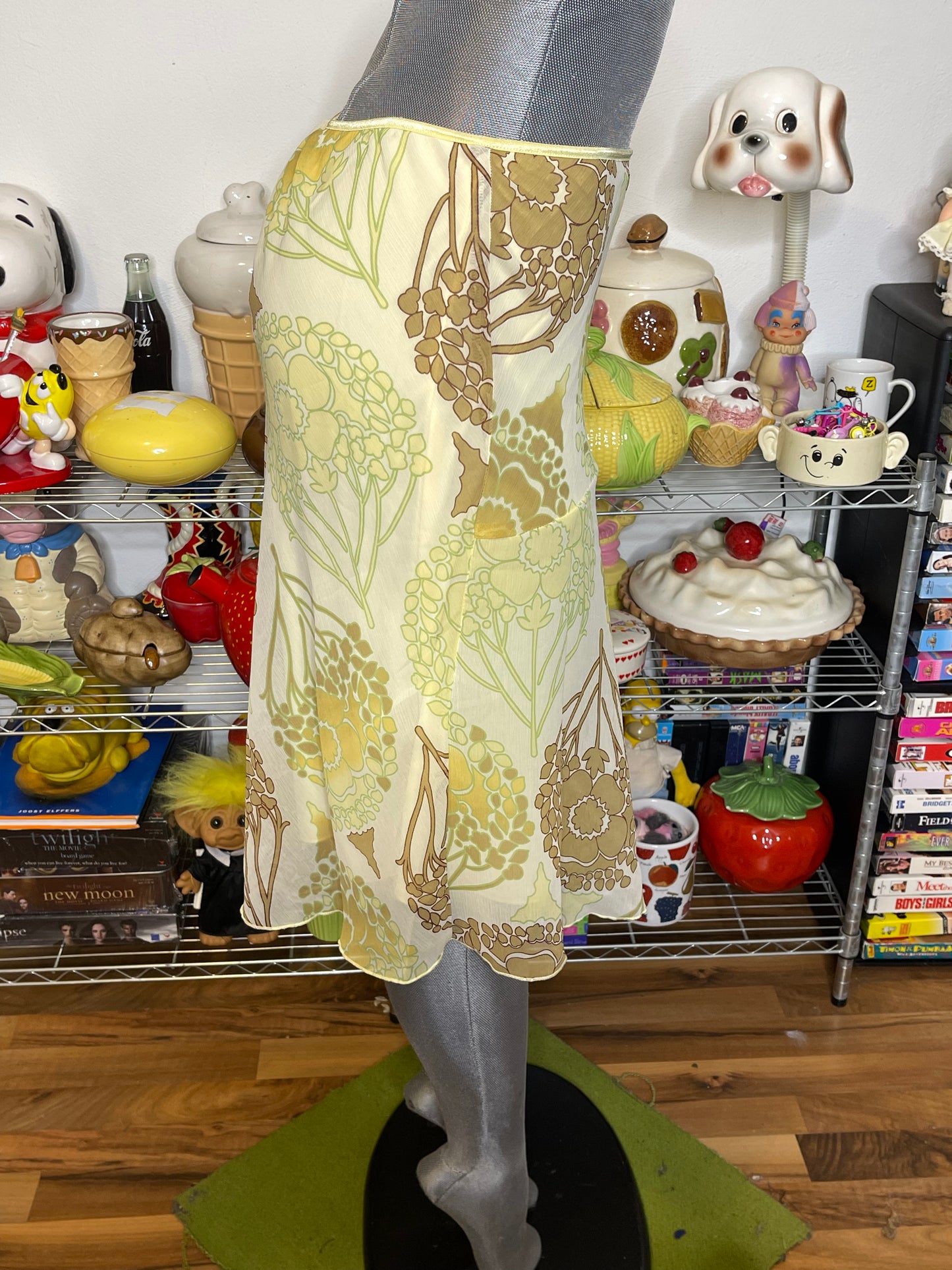 2000s Flower Print Yellow Midi Skirt Sz S/M